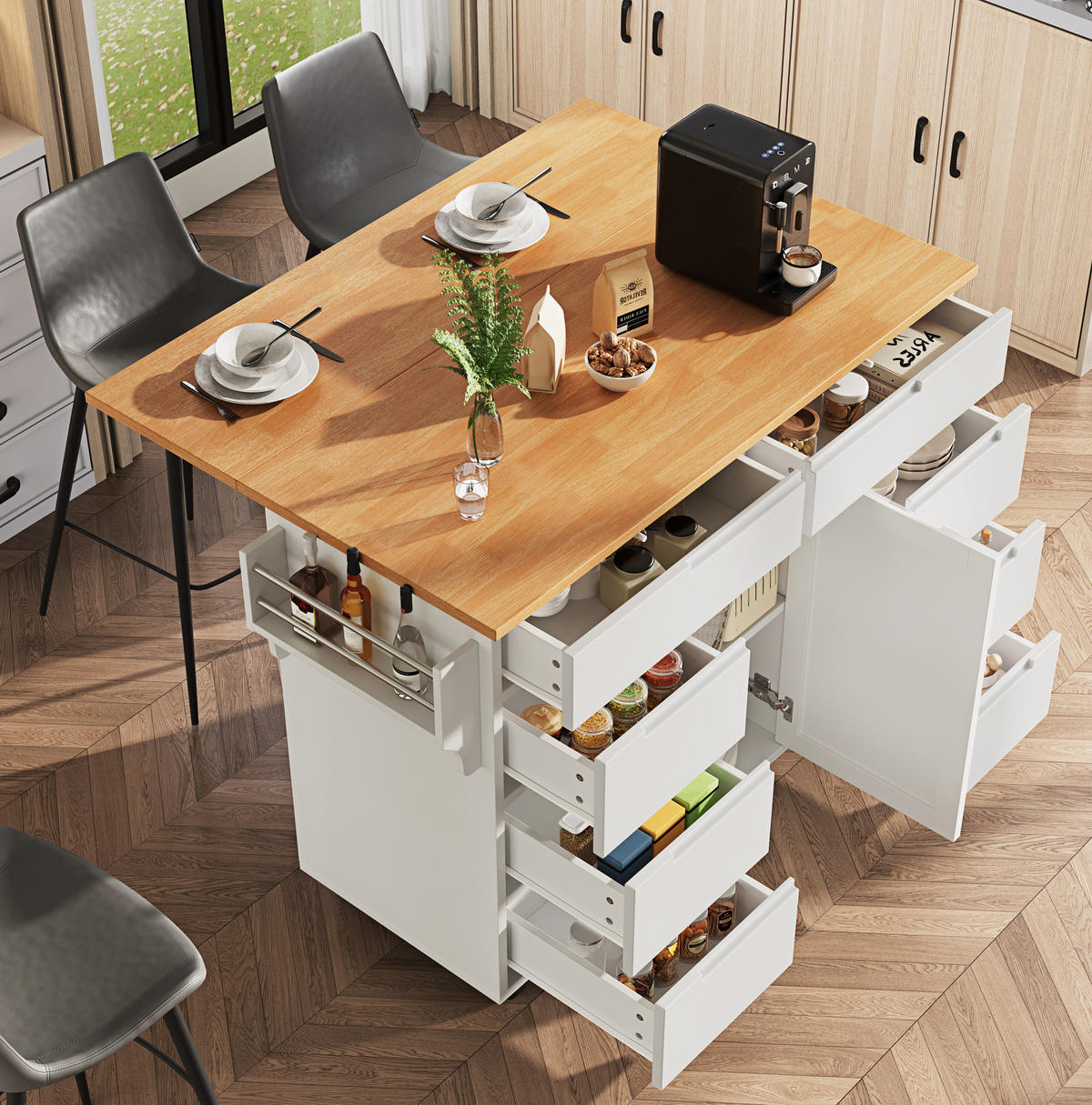 KÜCHENINSEL 122/46/91,5 cm aus MDF mit klappbarer Tischplatte und 8 Schubladen Weiß - Weiß, Holzwerkstoff (122/91.5/74.5cm) - Modenvie