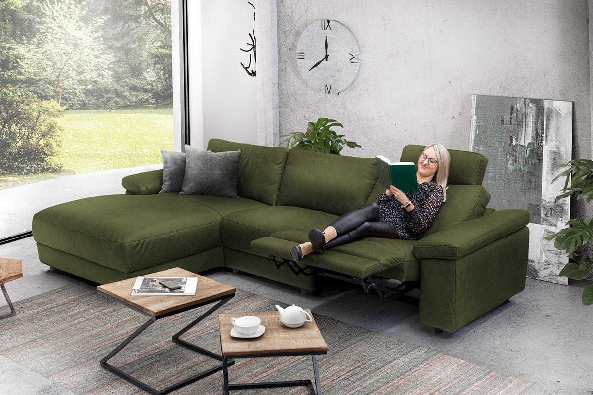 ECKSOFA XL MOTOR. RELAXFUNKTION LOLA Dunkelgrün Webstoff - Dunkelgrün/Schwarz, Textil (304/178cm) - KAWOLA