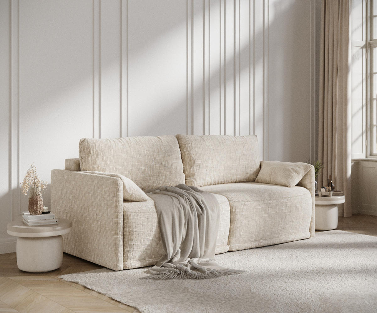 SCHLAFSOFA MIT ECKSOFA-FUNKTION Nappa Creme Webstoff - Creme/Schwarz, Holz/Holzwerkstoff (215/100/112cm) - Maison de Reve