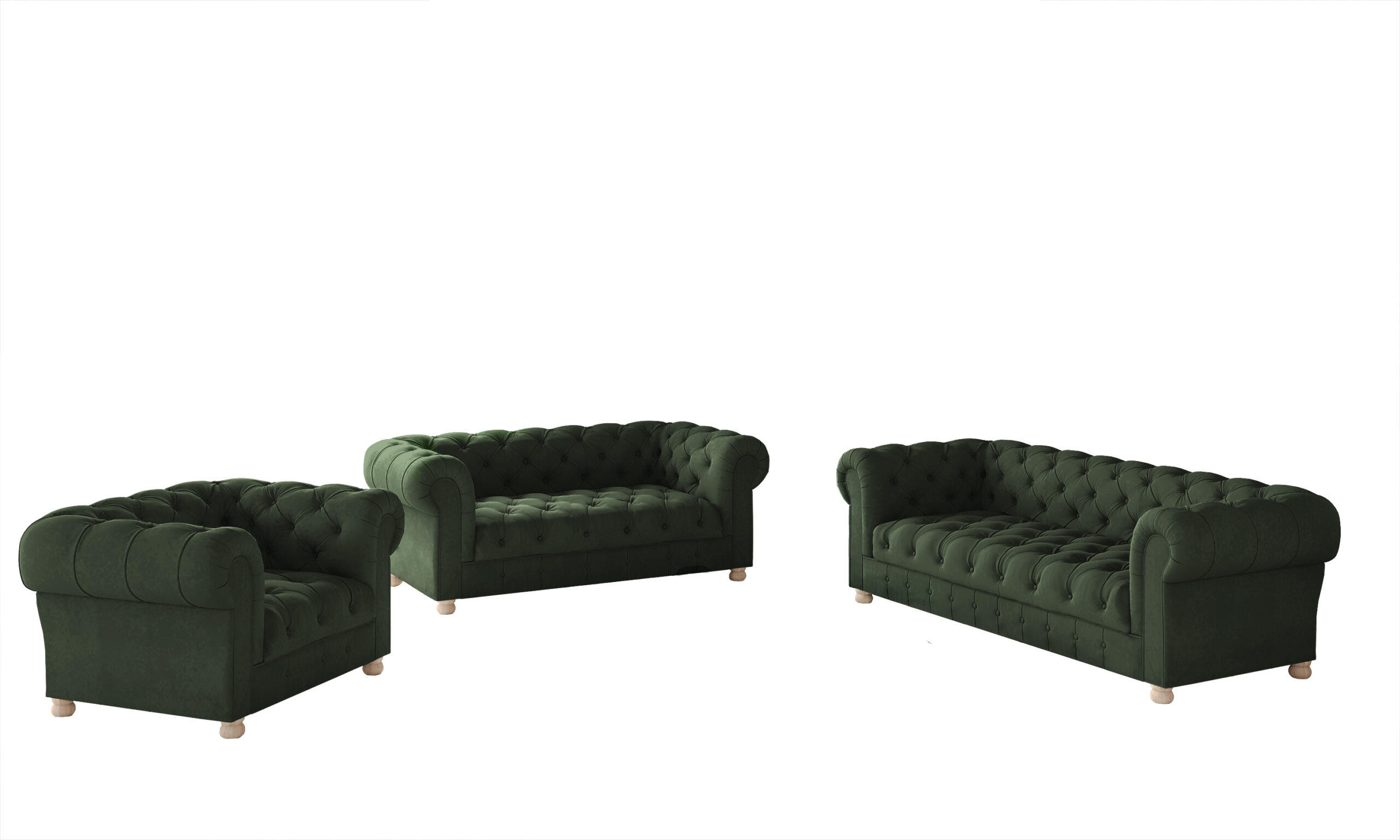 SITZGARNITUR 3+2+1 CHESTERFIELD Elegant Klassisch Schick Stoff Whisper Velours Stoff Grün - Grün, Holz/Textil (202/77/90cm) - Kaiser Möbel