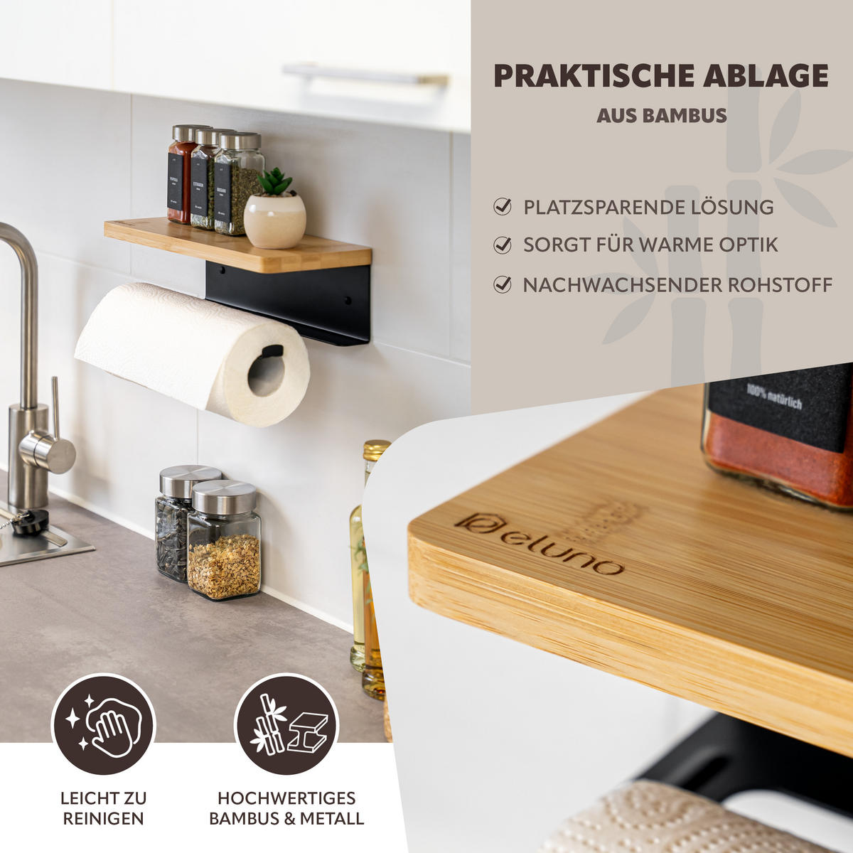 KÜCHENROLLENHALTER mit Bambusablage - Schwarz, Metall (32/9.5/13cm) - eluno