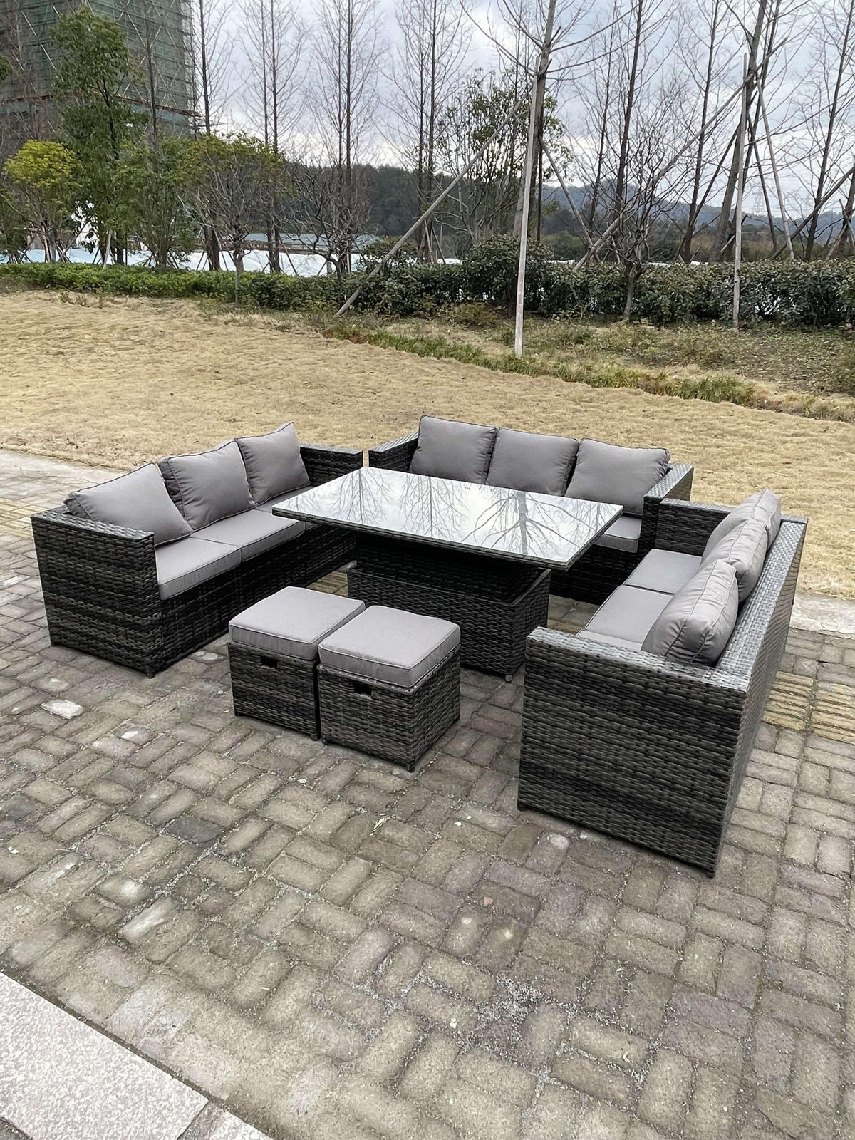 SITZGRUPPE Polyrattan 11-Sitzer - Dunkelgrau/Grau, Glas/Kunststoff - Fimous