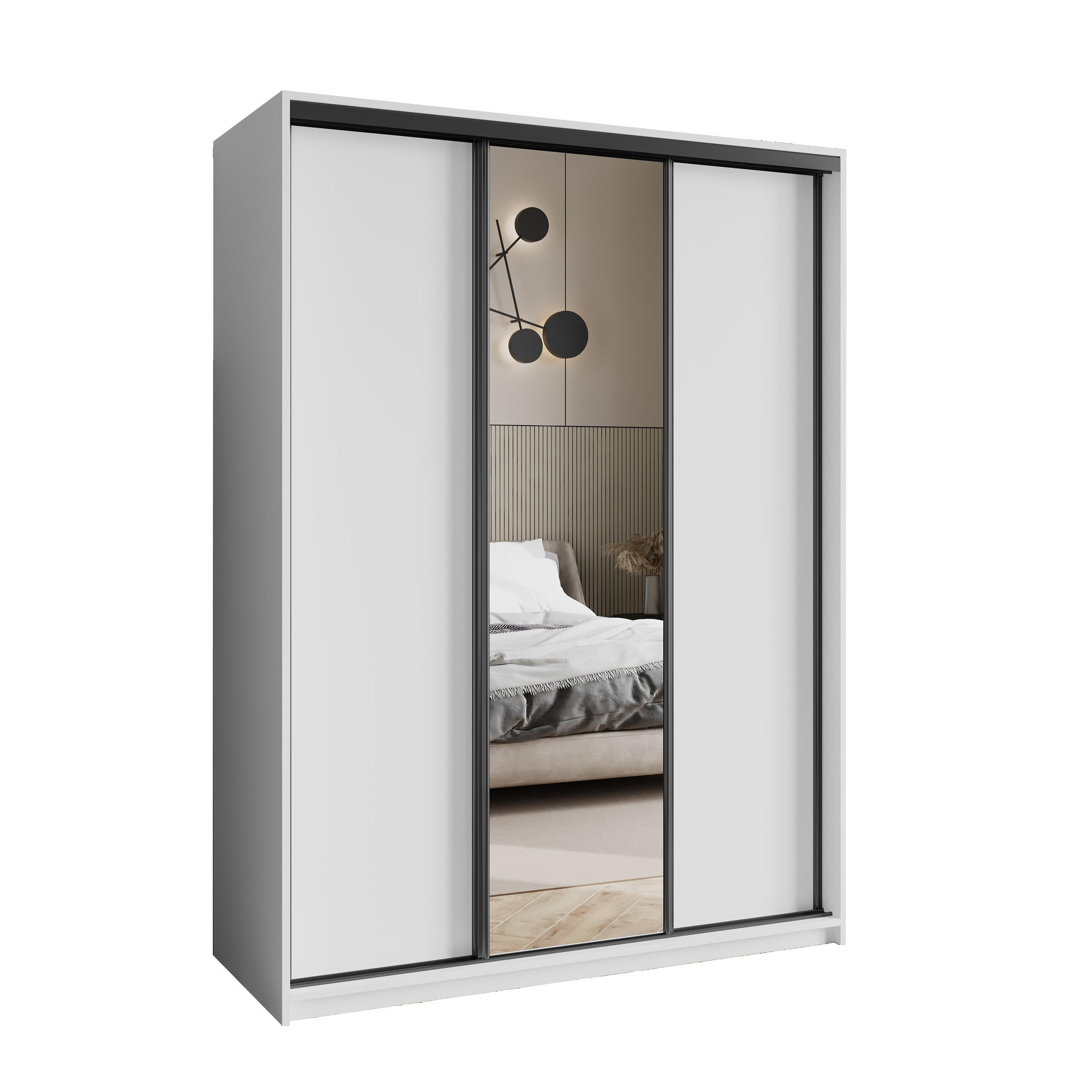 SCHWEBETÜRENSCHRANK TAVI 150/205/60 cm 3-türig mit Spiegel Weiß - Weiß, Holzwerkstoff (150/205/60cm) - MASSENO