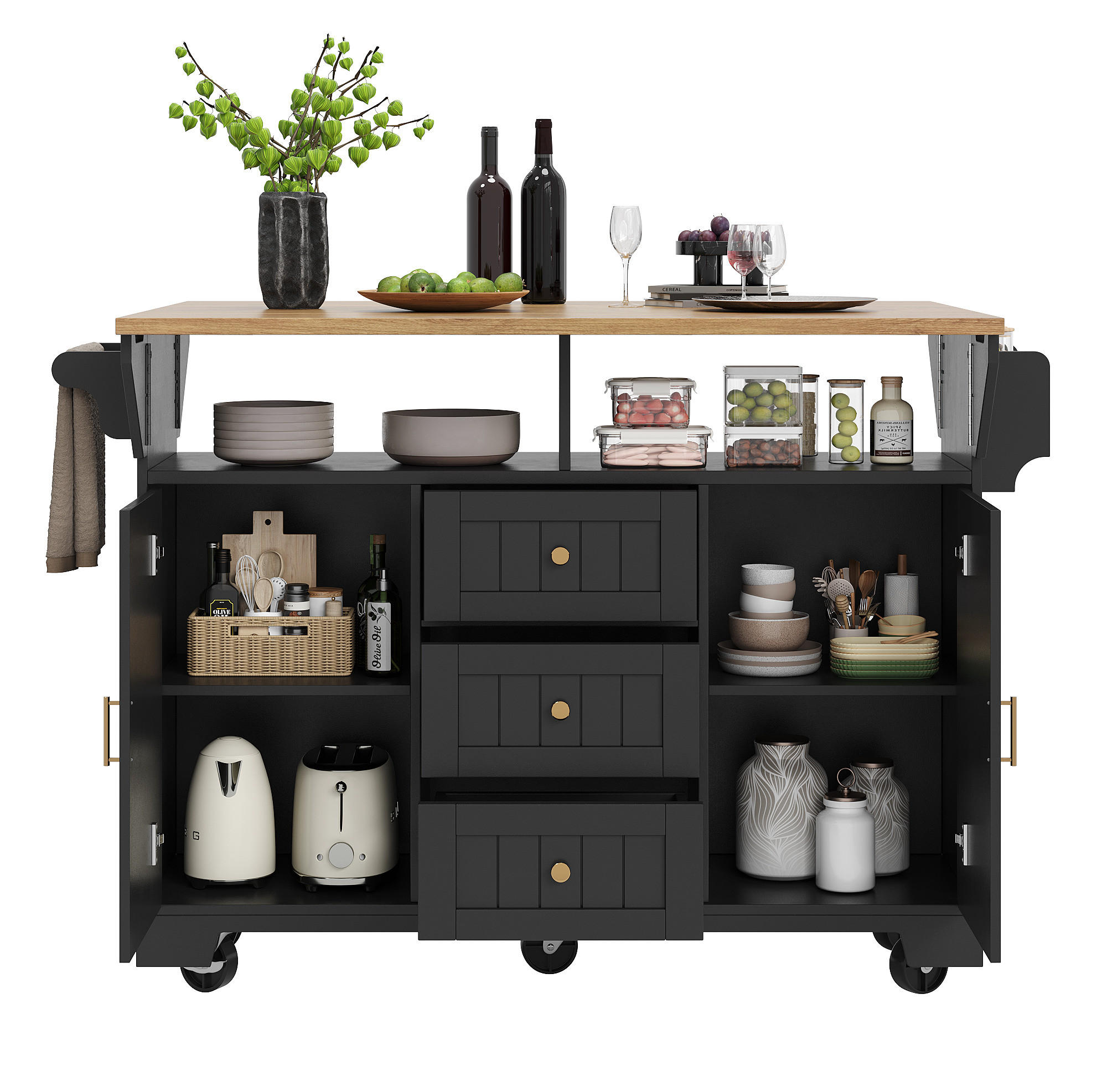 KÜCHENINSEL 120/40-80/95 cm aus MDF und Metall mit klappbarer Tischplatte Schwarz (Holzoptik) - Schwarz, Holzwerkstoff (120/95/40cm) - Modenvie