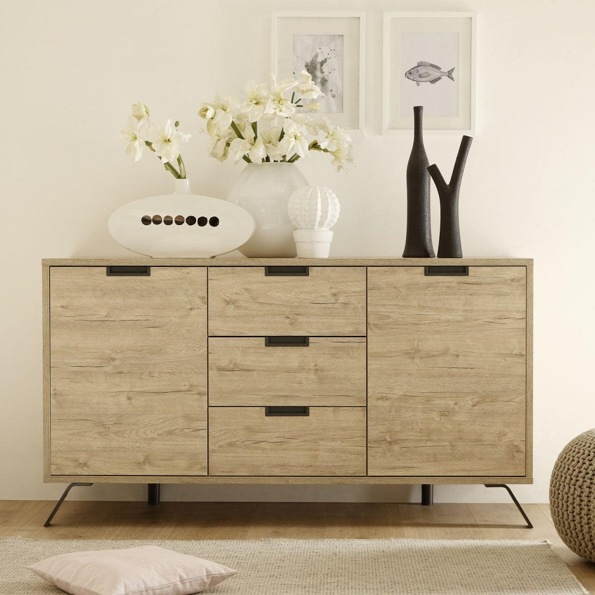 SIDEBOARD mit 2 Türen und 3 Schubladen L156 cm - Palma - Eschefarben, Holzwerkstoff (50/85.4/57cm) - Calicosy