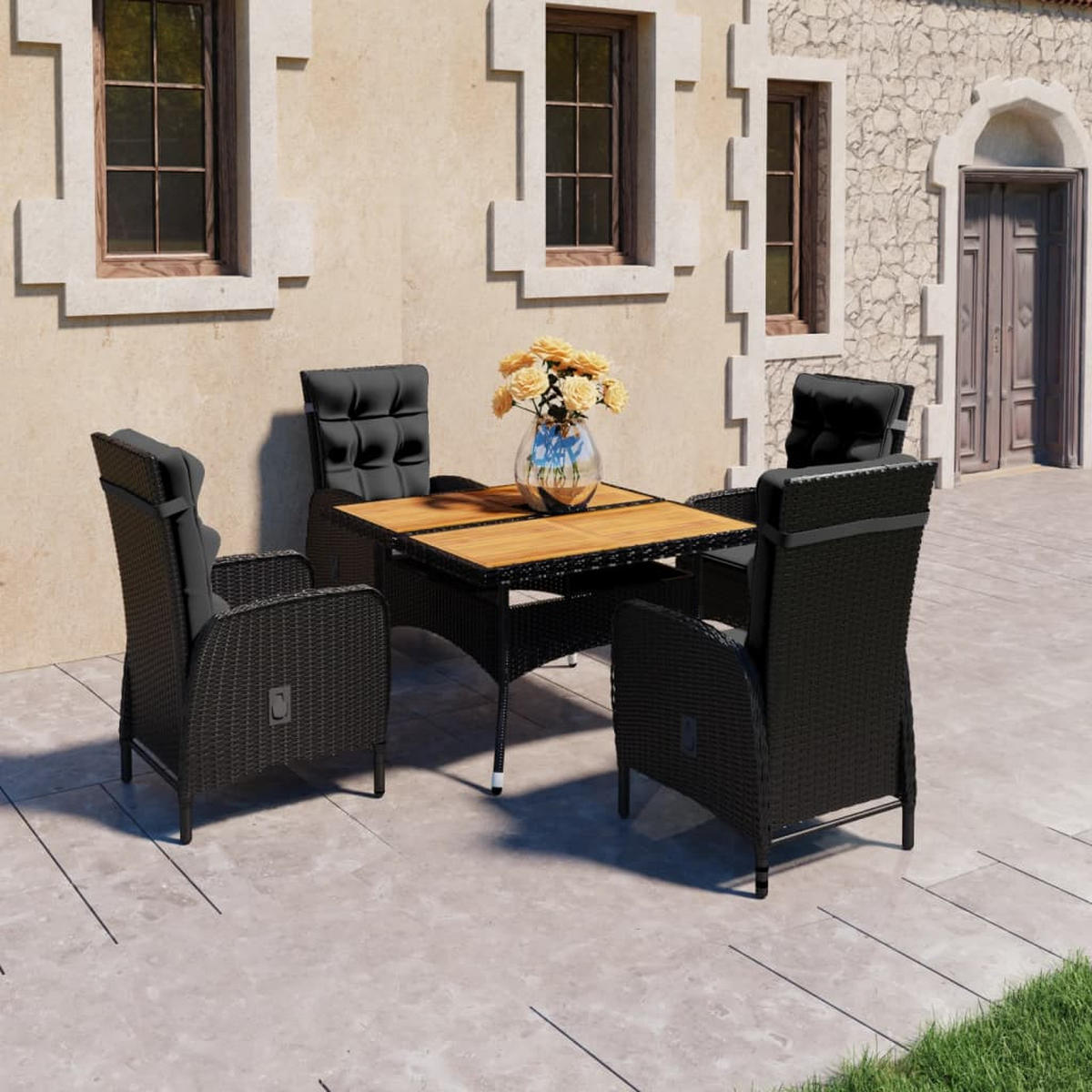 GARTEN-ESSGRUPPE 5Er Set Poly Rattan Und Akazienholz Schwarz - Schwarz, Kunststoff - vidaXL
