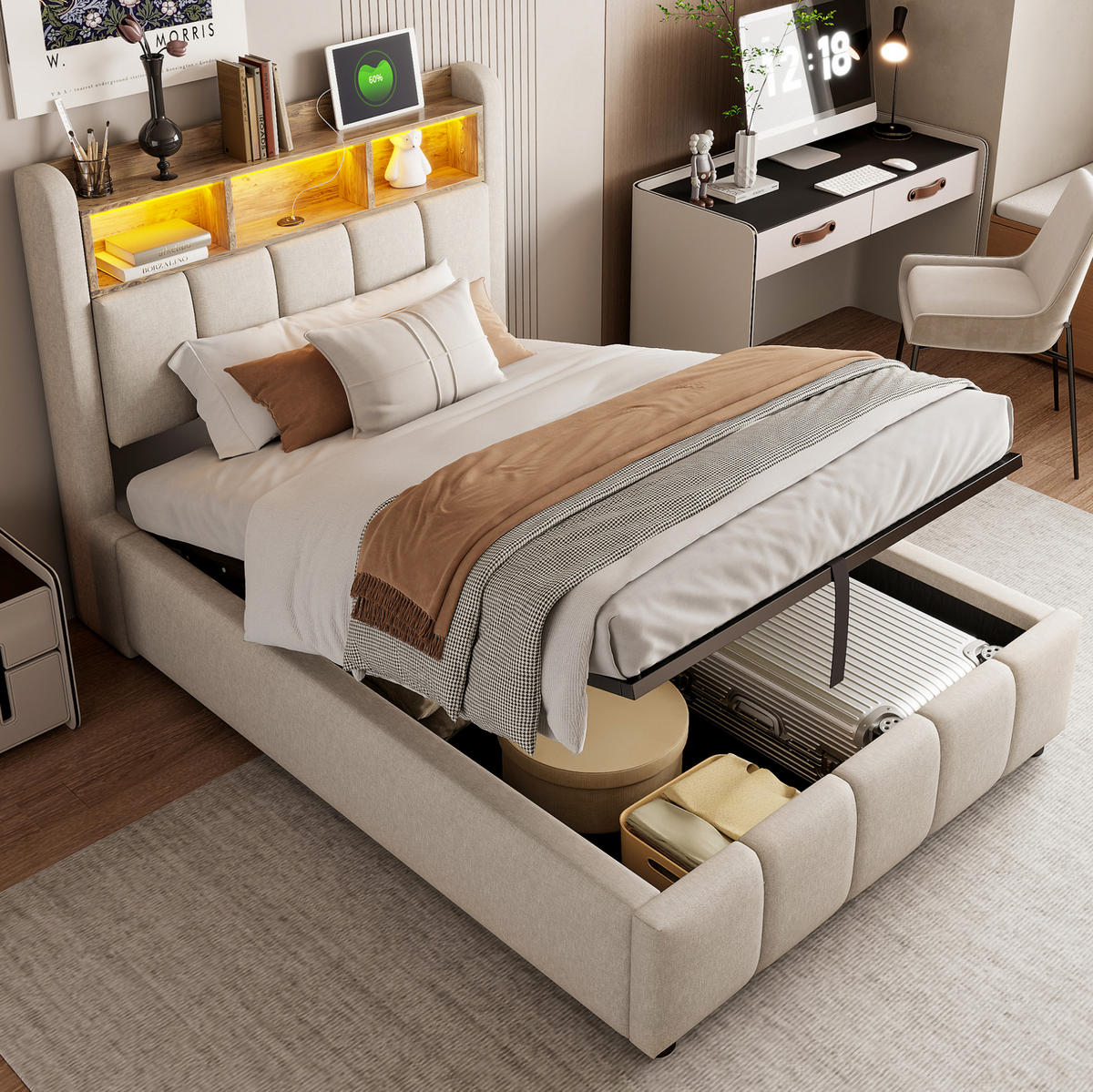 POLSTERBETT mit Stauraum, LED und USB 90x200 cm Beige - Beige, Metall (90/200cm) - Meubliv