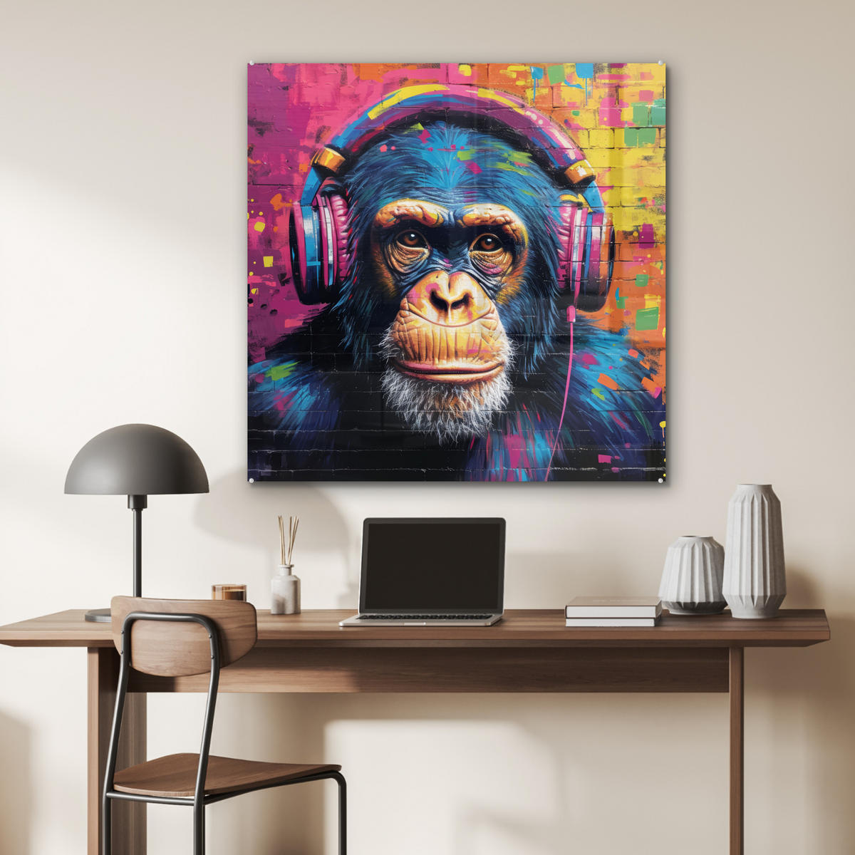 ACRYLGLASBILD Graffiti - Schimpanse - Straßenkunst - Kopfhörer - Affe 90x90 cm - Blau, Glas (90/90cm) - MuchoWow