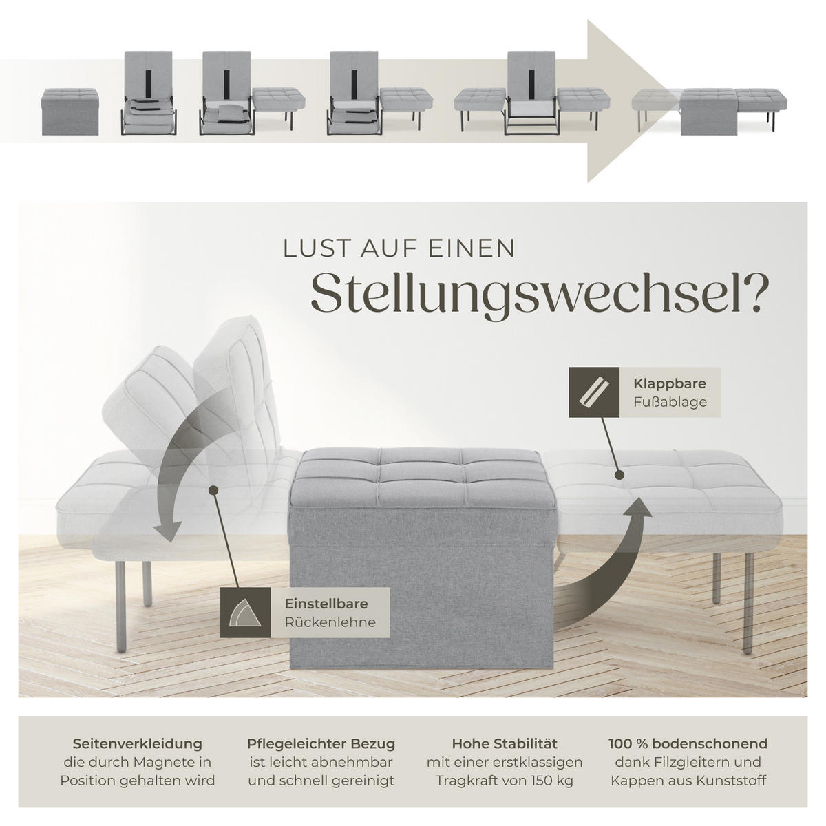 SCHLAFHOCKER Ponto,Belastbarkeit 150 kg ,hellgrau - Hellgrau, Textil (74/79/170cm) - tectake