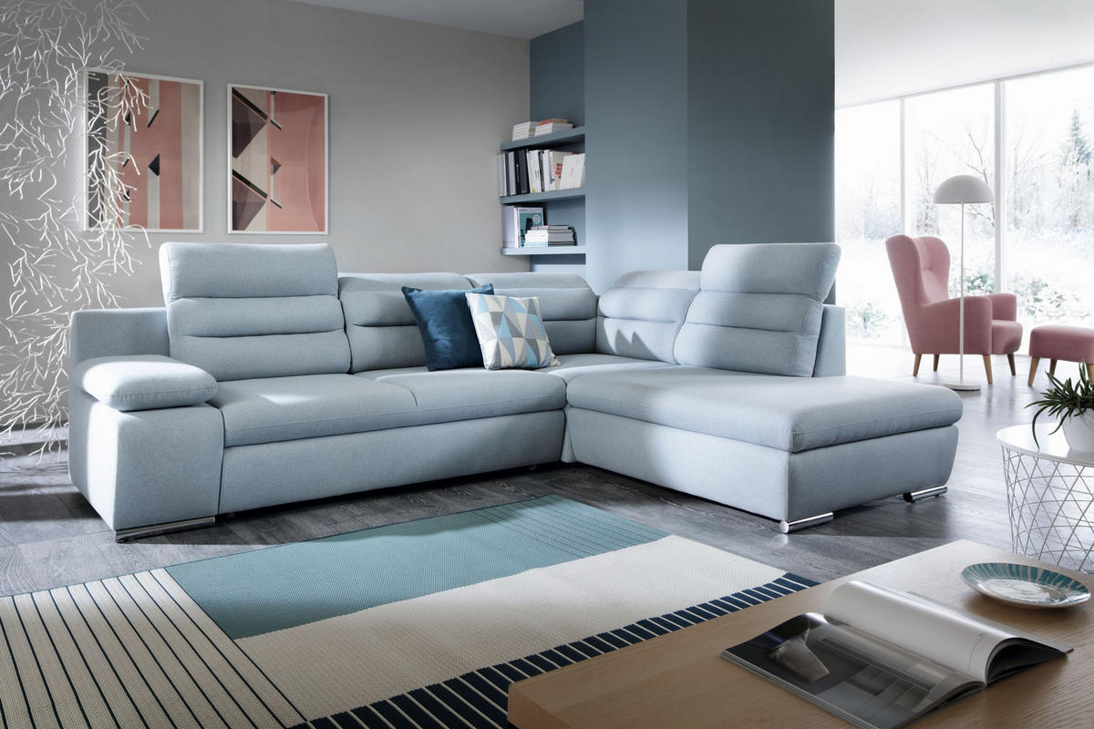 ECKSOFA RISO Blau Velours-Stoff mit Schlaffunktion - Blau, Holz (280/230cm) - MASSENO