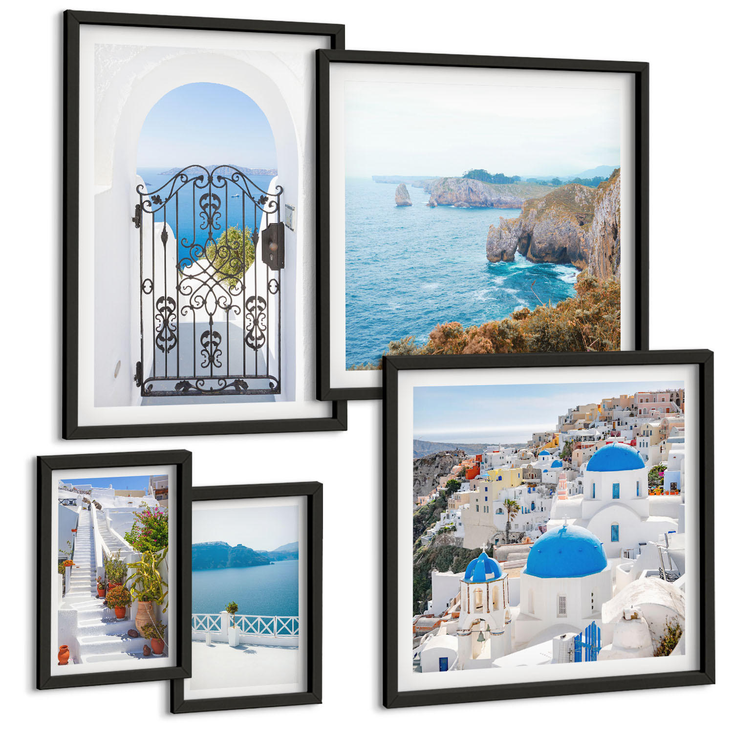 BILDER SET 5er Set - 50x50 cm & 20x30 cm & 40x60 cm Schwarzer Rahmen - Weiße Treppenpflanzen Meer - Schwarz, Kunststoff (40/60cm) - TULUP