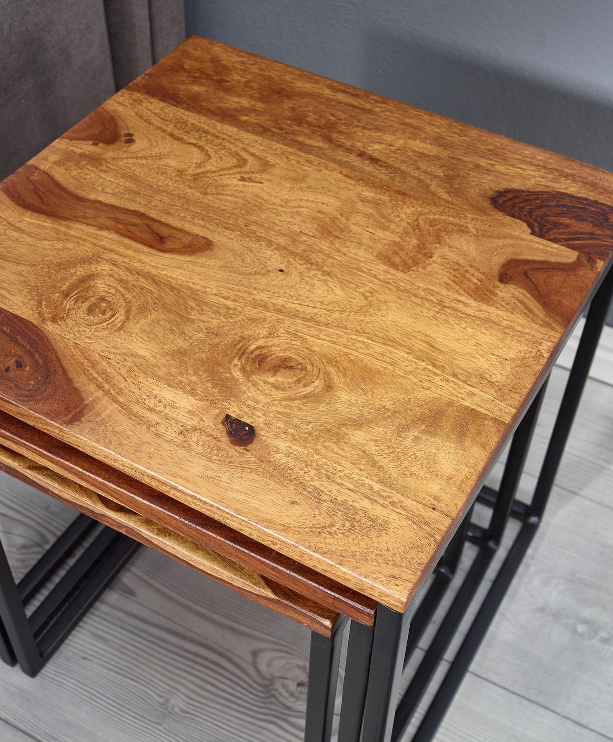 SATZTISCH Set – 3-teilig Massivholz Metall Eckig platzsparend - Schwarz/Braun, Holz/Metall (40/40/42cm) - KADIMA DESIGN