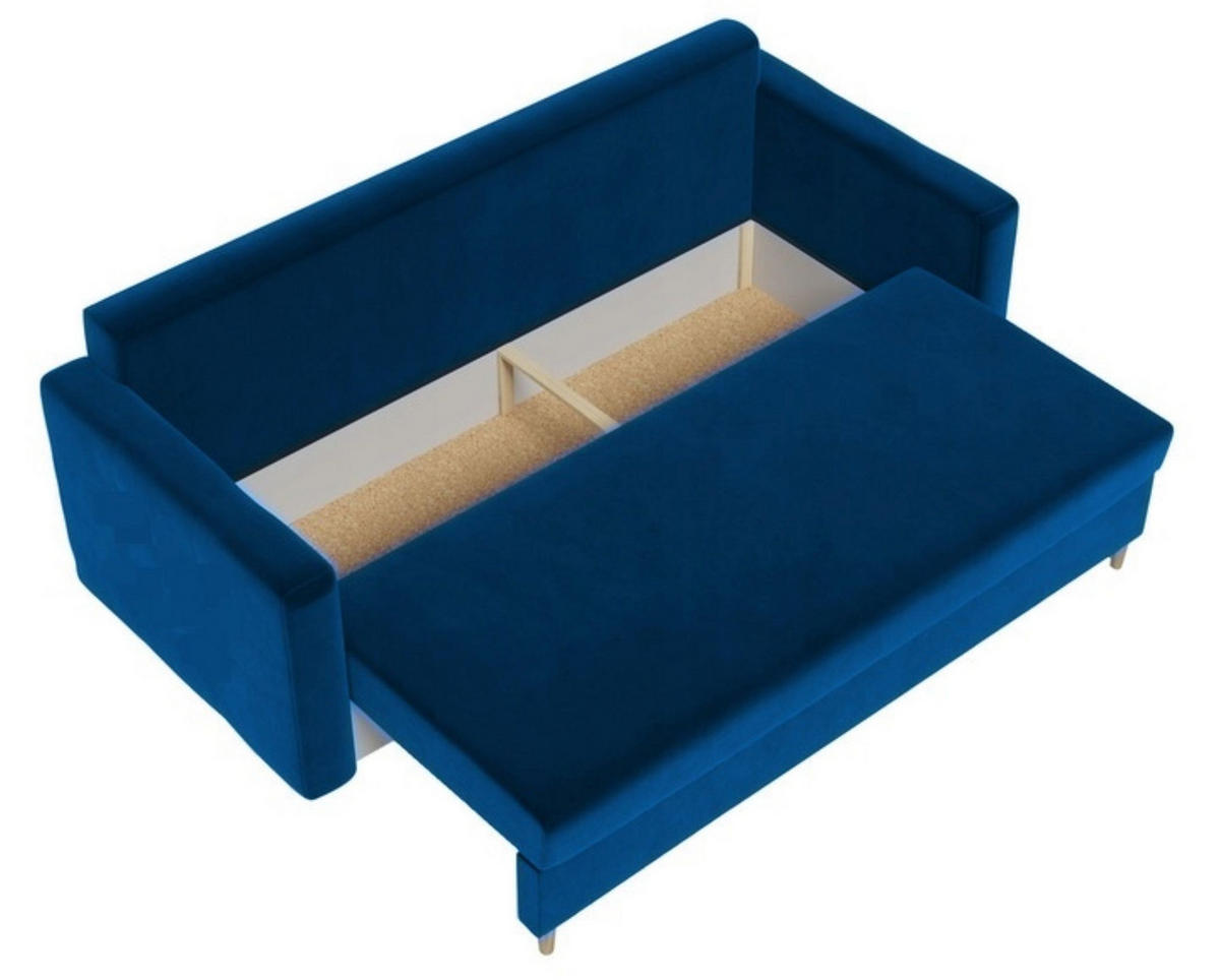 SCHLAFSOFA ARO, Sofa mit Schlaffunktion und Bettkasten, Klappsofa, Schlafcouch mit Füßen aus Naturholz, Veloursstoff, Couch in Frabe: Blau - Blau, Textil (217/100/87cm) - Sepro Meble