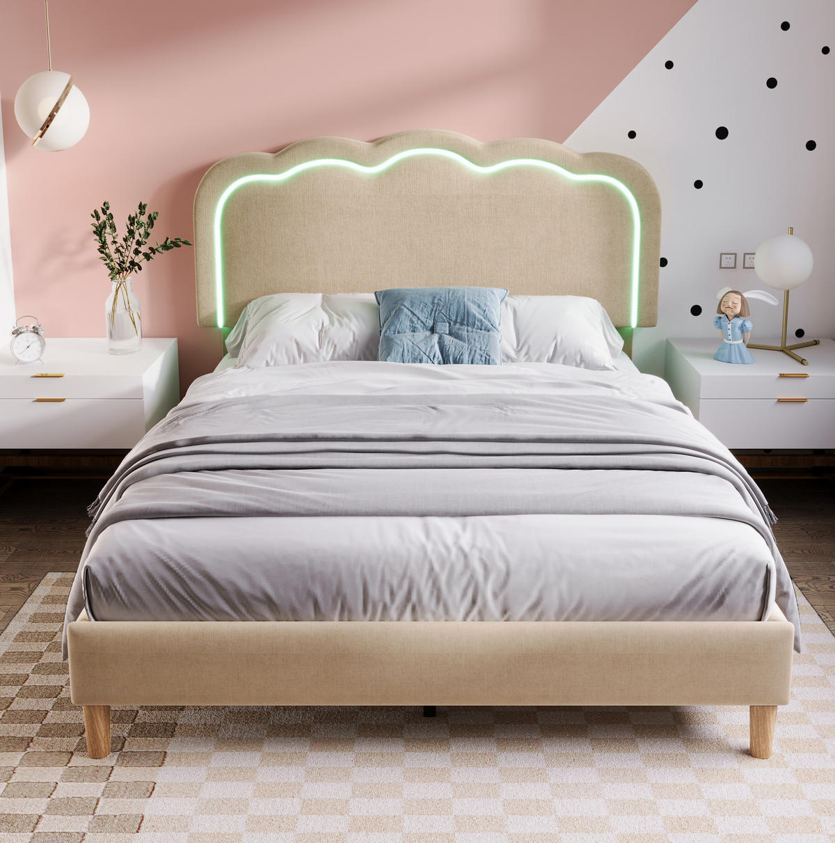 POLSTERBETT 140/200 cm Beige mit LED-Beleuchtung und verstellbarem Kopfteil - Beige, Textil (140/200cm) - Flora Grace