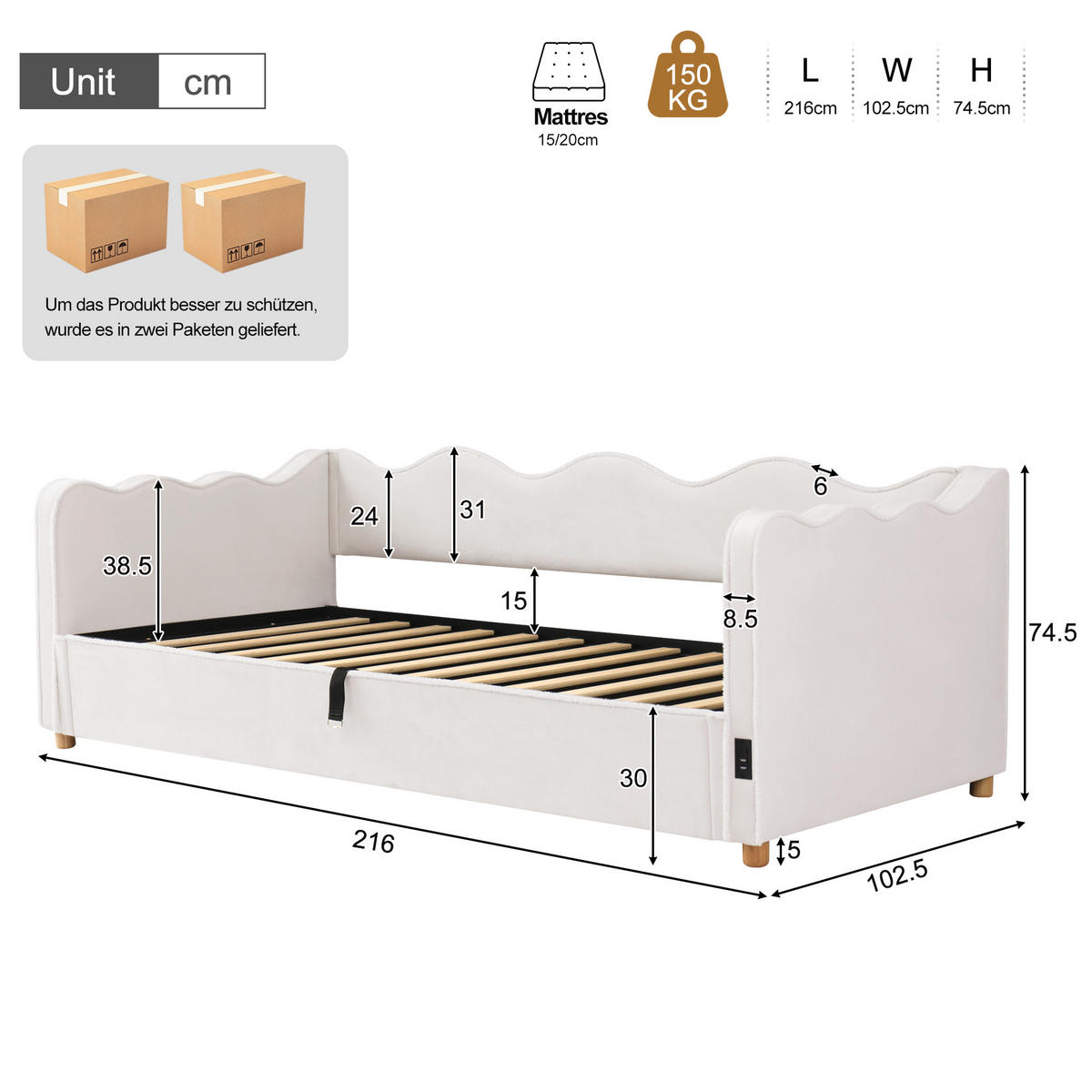 SCHLAFSOFA 90×200 Cm, USB-Anschlüssen & Type-C, Polster-Tagesbett,Samt, Beige - Beige, Holz (216/74.5/102.5cm) - FLIEKS