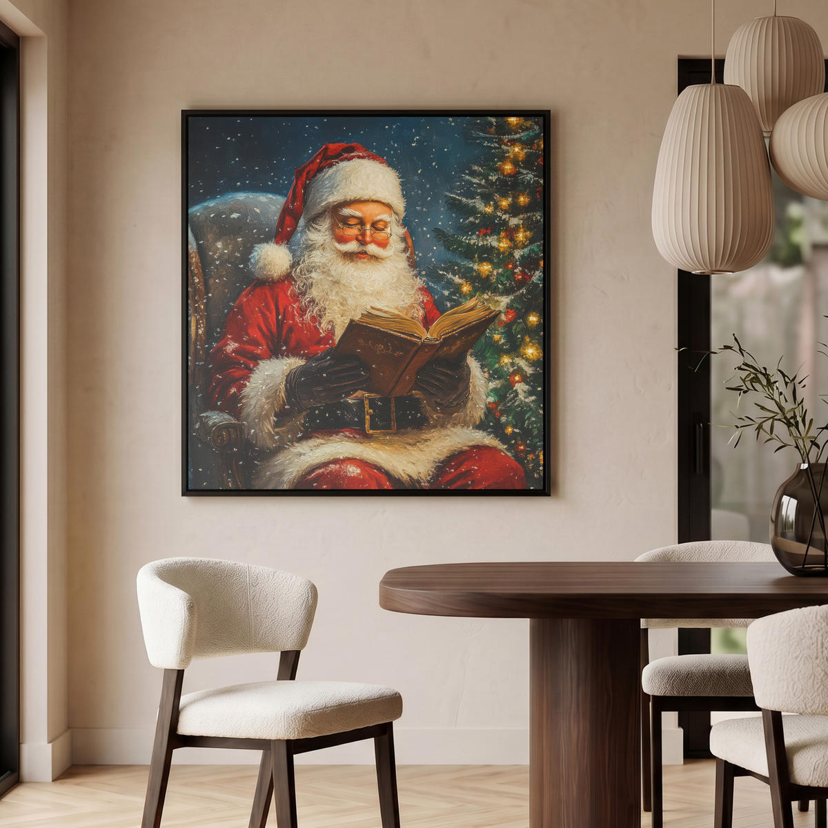 LEINWAND Bilder mit Rahmen - Weihnachtsmann - Weihnachten - Winter - Weihnachtsbaum - 90x90 - Bordeaux, Textil (90/90cm) - MuchoWow