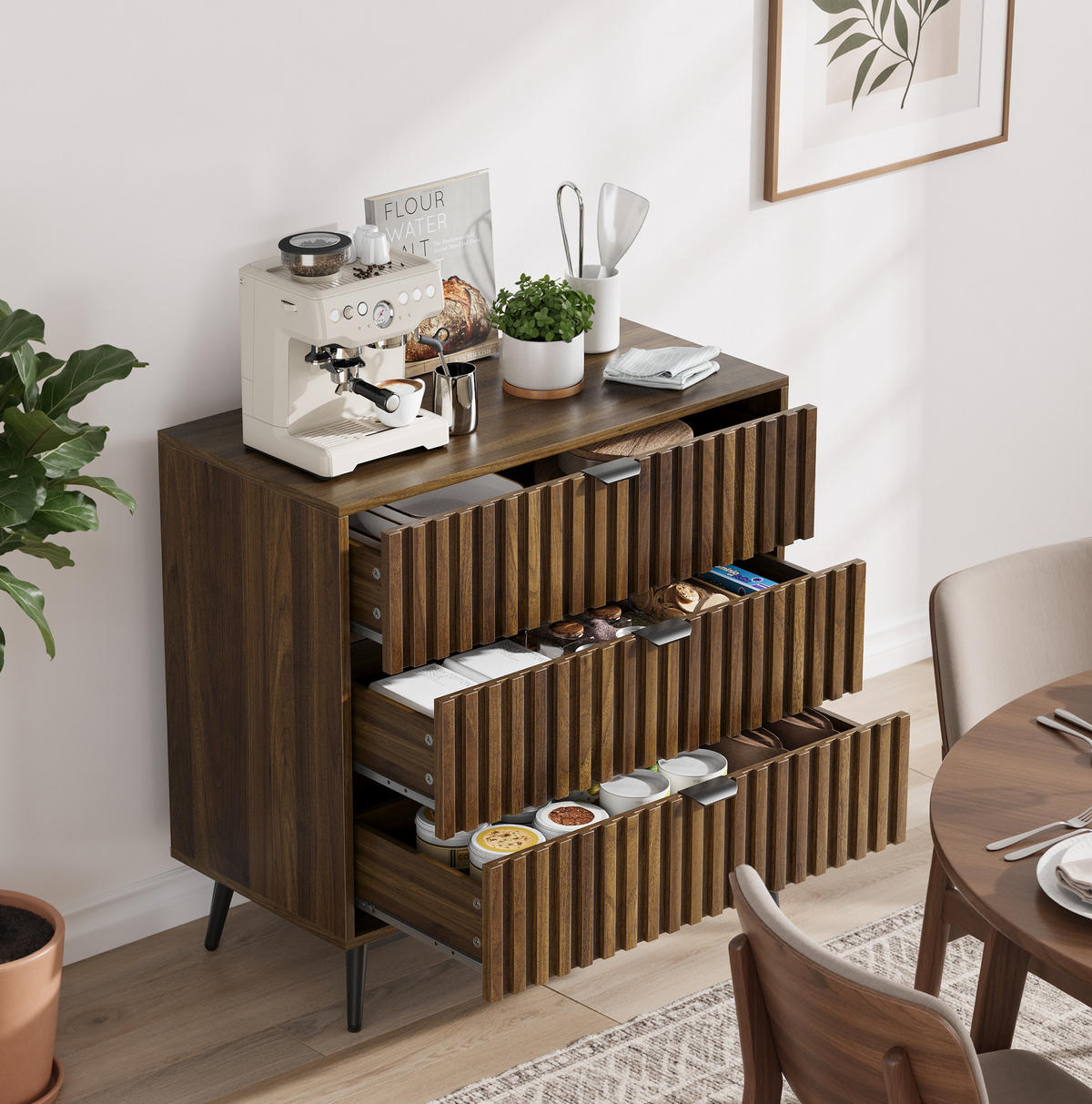 KOMMODE 80/39/78 cm aus MDF mit 3 Schubladen und Metallbeinen Walnuss - Walnussfarben, Holzwerkstoff (80/78/38cm) - Modenvie