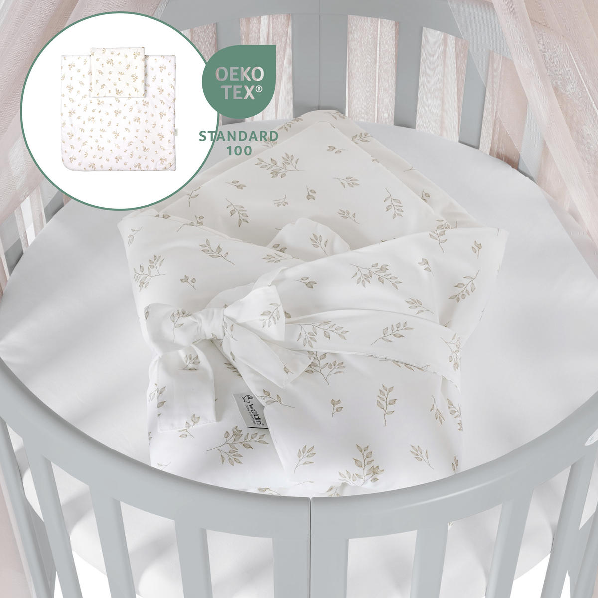 BABYBETT GREY OVAL 7in1 mit Matratze und Himmelset - Taupe/Grau, Holz/Textil