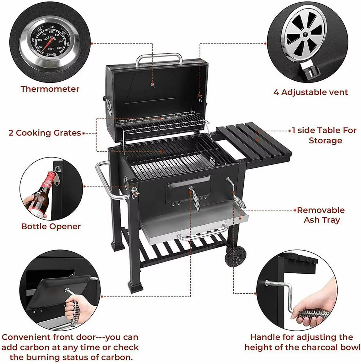HOLZKOHLEGRILL BBQ für 5–10 Personen mit 2 Rädern - Schwarz, Metall (116/82.6/55.7cm) - Kaket