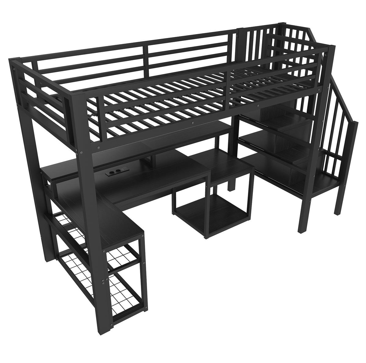HOCHBETT aus Metall und MDF 90x200 cm Schwarz mit Stauraumtreppe, Schreibtisch, LED und USB - Schwarz, Metall (90/200cm) - IVMEU