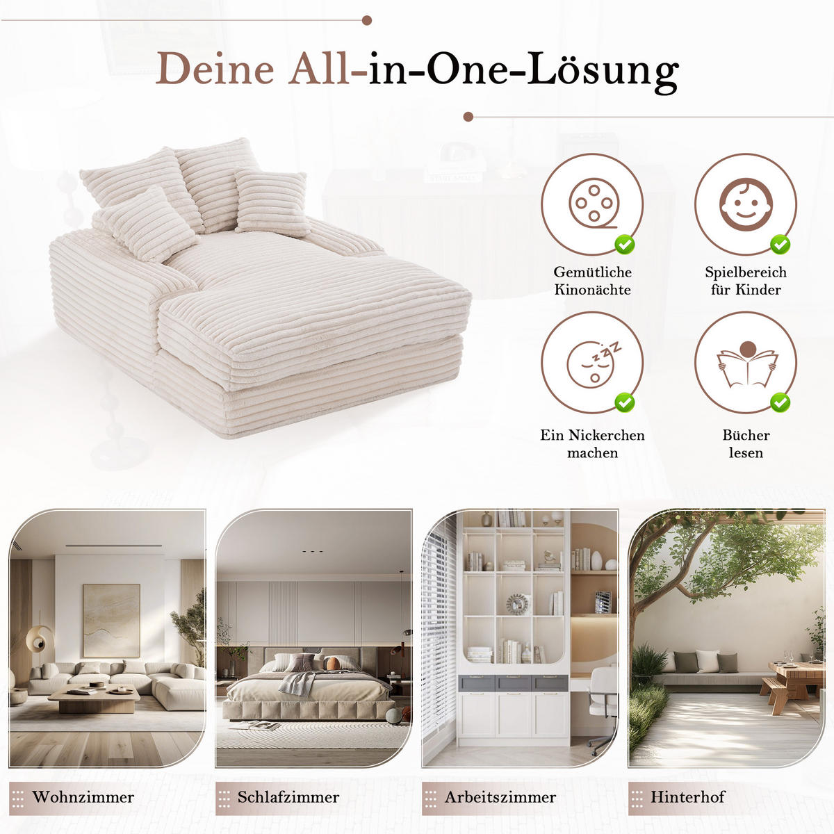 CHAISELONGUE Cordstoff mit Memory-Schaum und 4 Kissen 137/175/63 cm Beige - Beige, Textil (137/63/175cm) - Redom