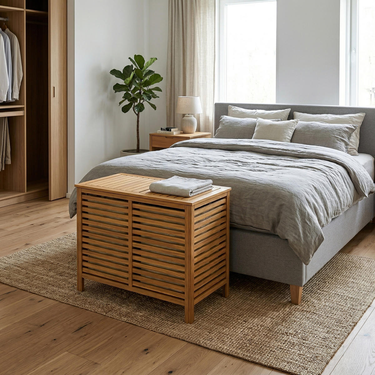 WÄSCHESAMMLER Natur Walnussholz 2 Fächer 150 L - Hellbraun, Holz/Textil (89/67.5/46.5cm) - Relaxdays