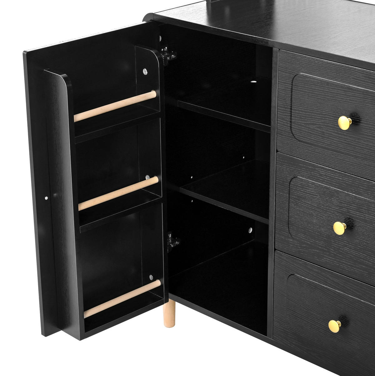 BUFFET 120x40x190 cm Schwarz mit Fluted Glas & Lochplatte - Schwarz, Holzwerkstoff (120/190/40cm) - Modfu