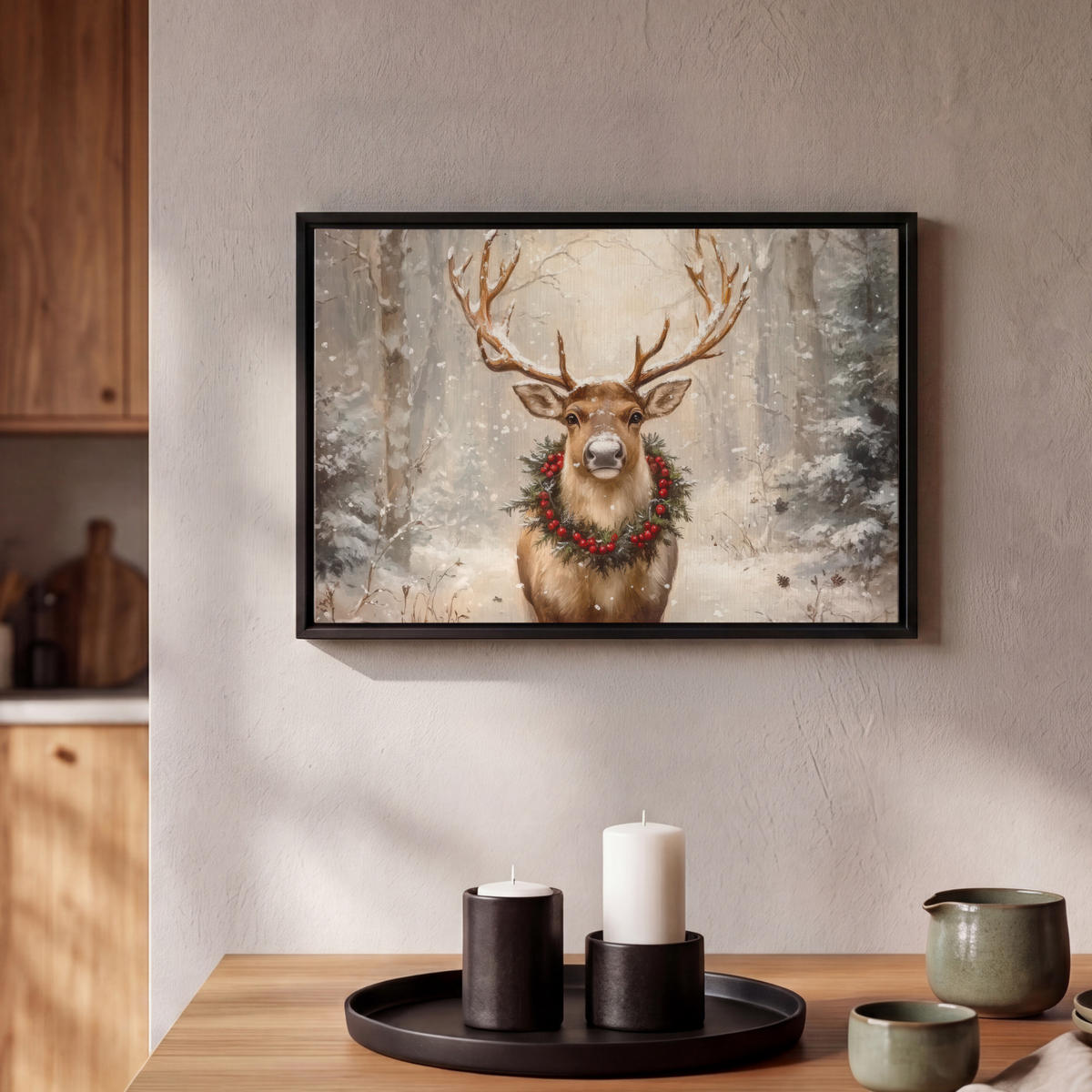 LEINWAND Bilder mit Rahmen - Weihnachten - Rentier - Winter - Kranz - 30x20 - Naturfarben, Textil (30/20cm) - MuchoWow
