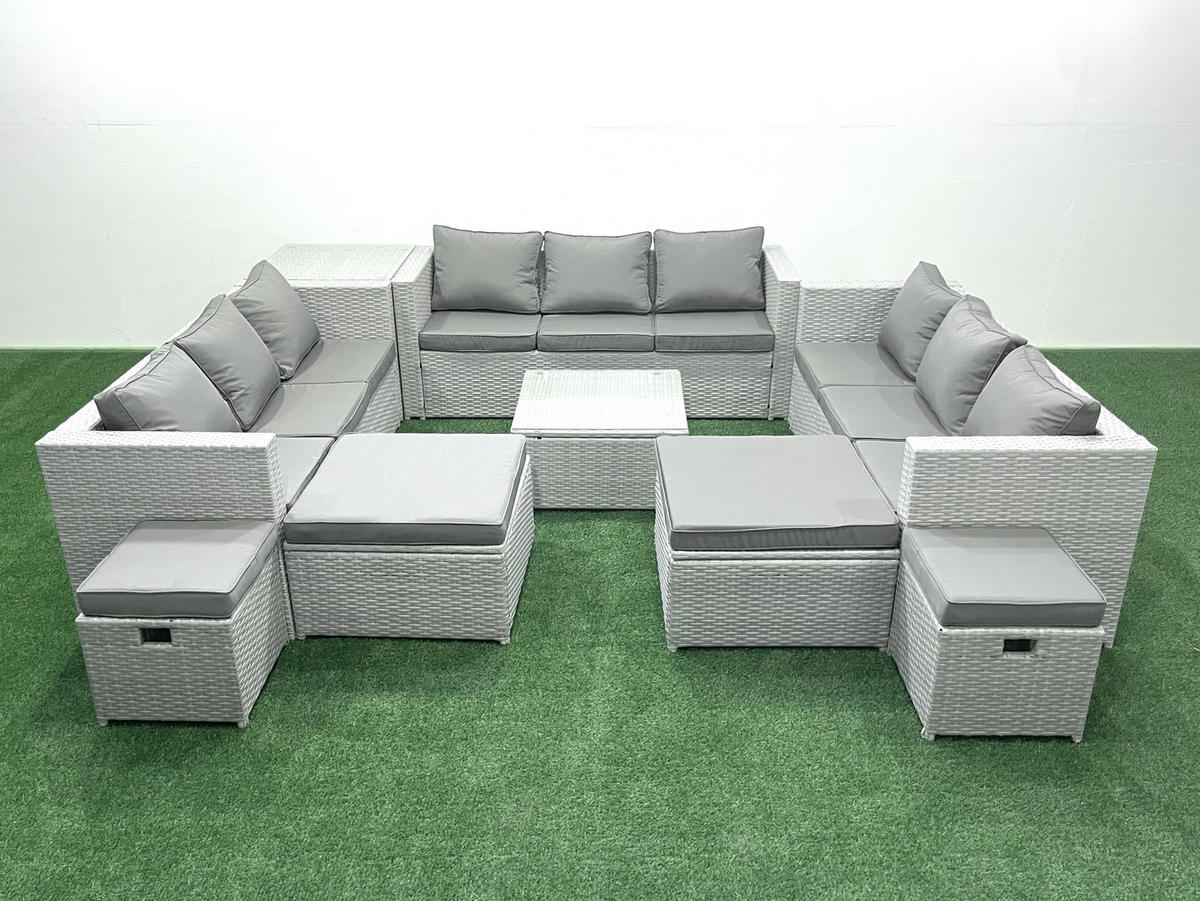 GARTENMÖBELSET mit 3-SITZER SOFA,COUCHTISCH Polyrattan Hellgrau-Mix 13-Sitzer - Hellgrau/Grau, Glas/Kunststoff - Fimous