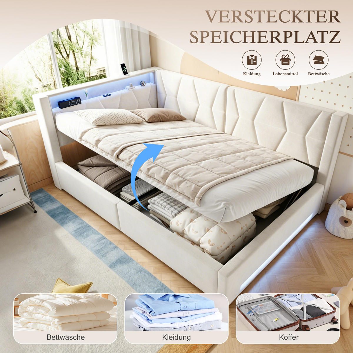 BOXBETT 140/200cm, LED/USB-C, Bettkasten, Lattenrost, Beige - Beige, Holz/Metall (140/200cm) - LVHOM