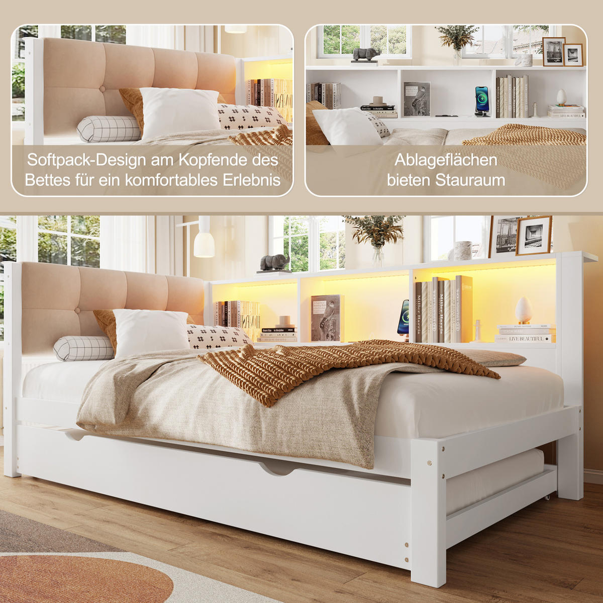 POLSTERBETT 90/200 cm in Weiß mit LED-Beleuchtung und USB-Anschluss - Weiß, Holz (90/200cm) - Flora Grace