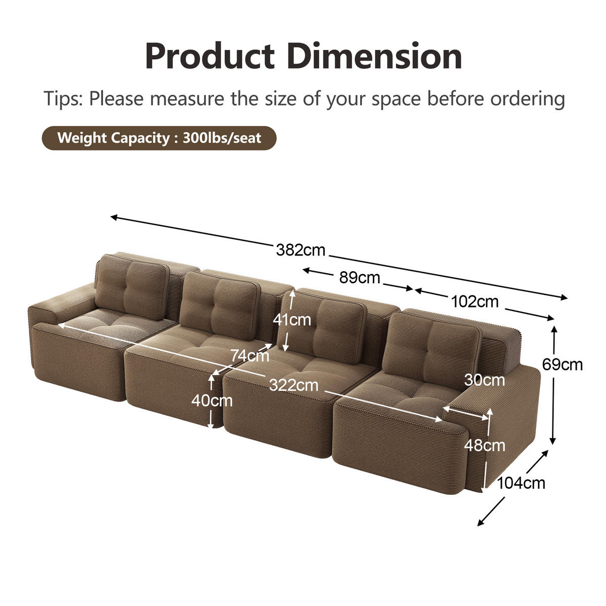 SOFA 4-Sitzer Modulares aus Cord mit rutschfester Basis, braun - Braun, Textil (104/69/382cm) - Luhomfu