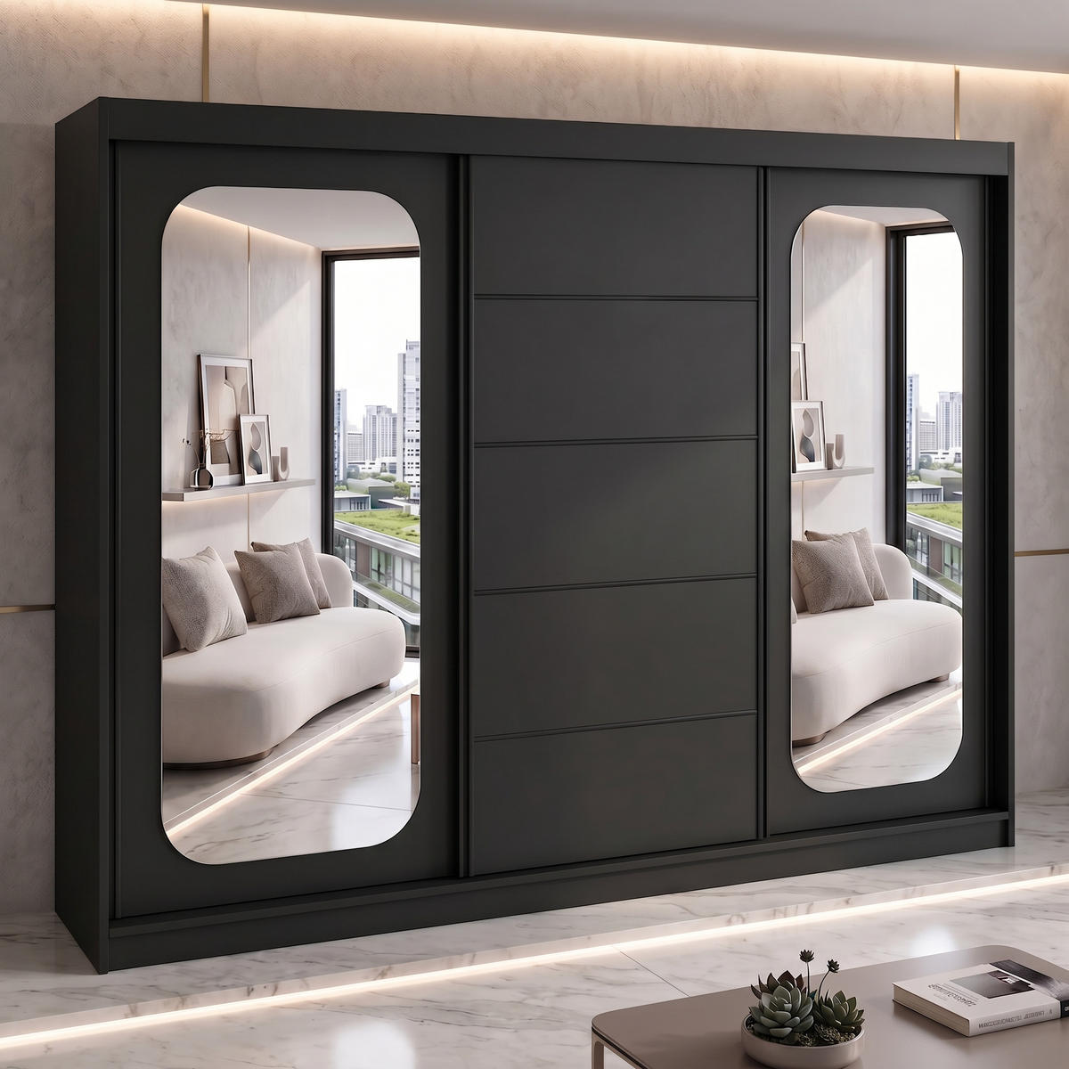 SCHWEBETÜRENSCHRANK BELANO 200 cm. Innenausstattung: Comfort plus - Schwarz, Holzwerkstoff (200/215/59.5cm) - A&J MöbelLand