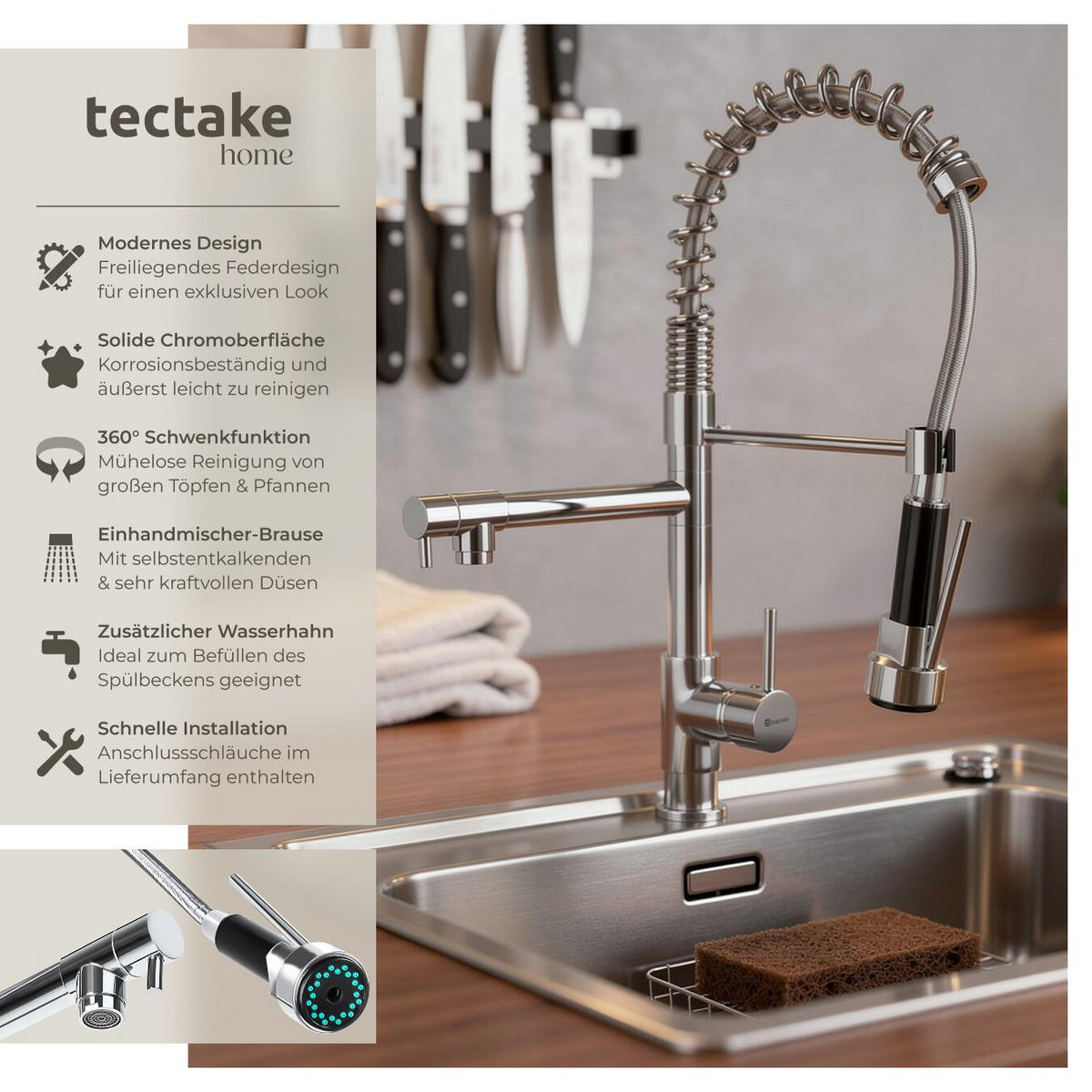 KÜCHENARMATUR, inklusive 2 Anschlussschläuche, grau - Grau, Metall (5/52/24.5cm) - tectake