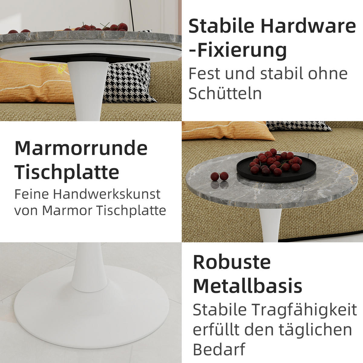 COUCHTISCH in Weiß und Grau Wohnzimmertisch mit einer runden Marmor-Tischplatte für Wohnzimmer, B70/T70/H72 cm - Goldfarben/Creme, Stein/Metall (70/70/72cm) - STILVORA