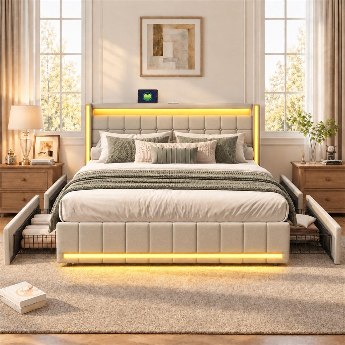 POLSTERBETT 160x200 cm Lumina Smart mit 3-Zonen RGB-LED, USB & USB-C, 4 Schubladen, Leinen-Optik, Beige - Beige, Textil (160/200cm) - DELFA
