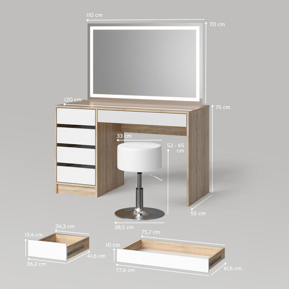 SCHMINKTISCH Imola Weiß/Sonoma mit LED-Spiegel und Hocker - Weiß/Sonoma Eiche, Holzwerkstoff (120/75/55cm) - Livinity®