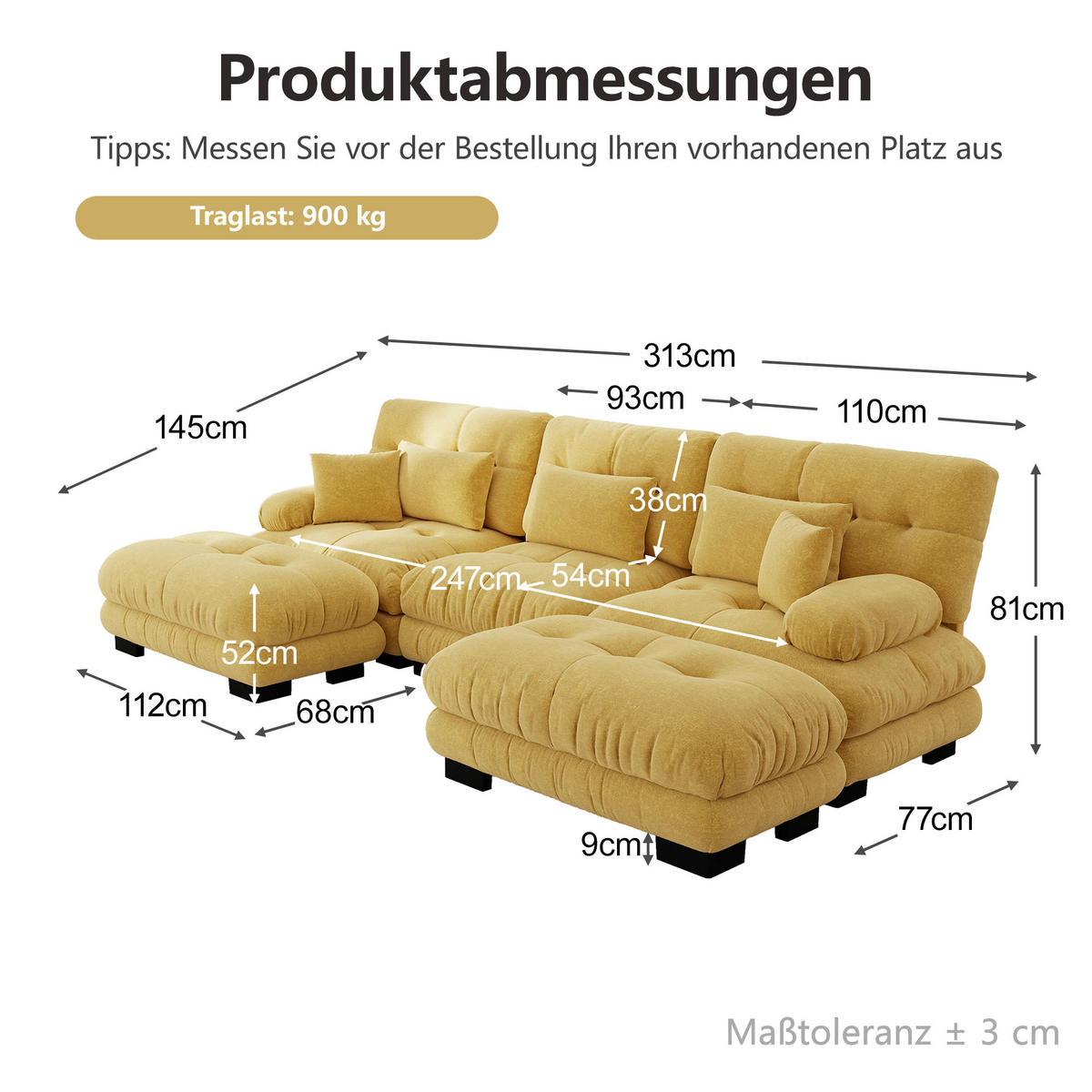 WOHNLANDSCHAFT DE-34065 U-förmig mit Ottoman Gelb - Gelb, Holz (145/81/313cm) - ComfortXL