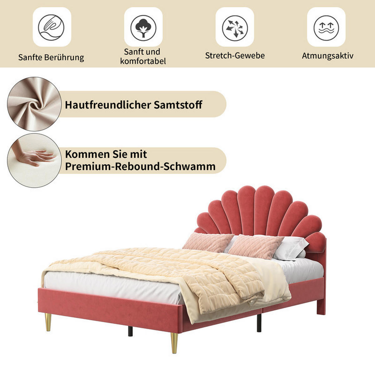 KINDERBETT 140x200 cm mit Lattenrost & Blumen-Kopfteil, Samt in Bordeaux, modernes Design, Komfortbett - Rot, Holz (140/200cm) - WoodenAura