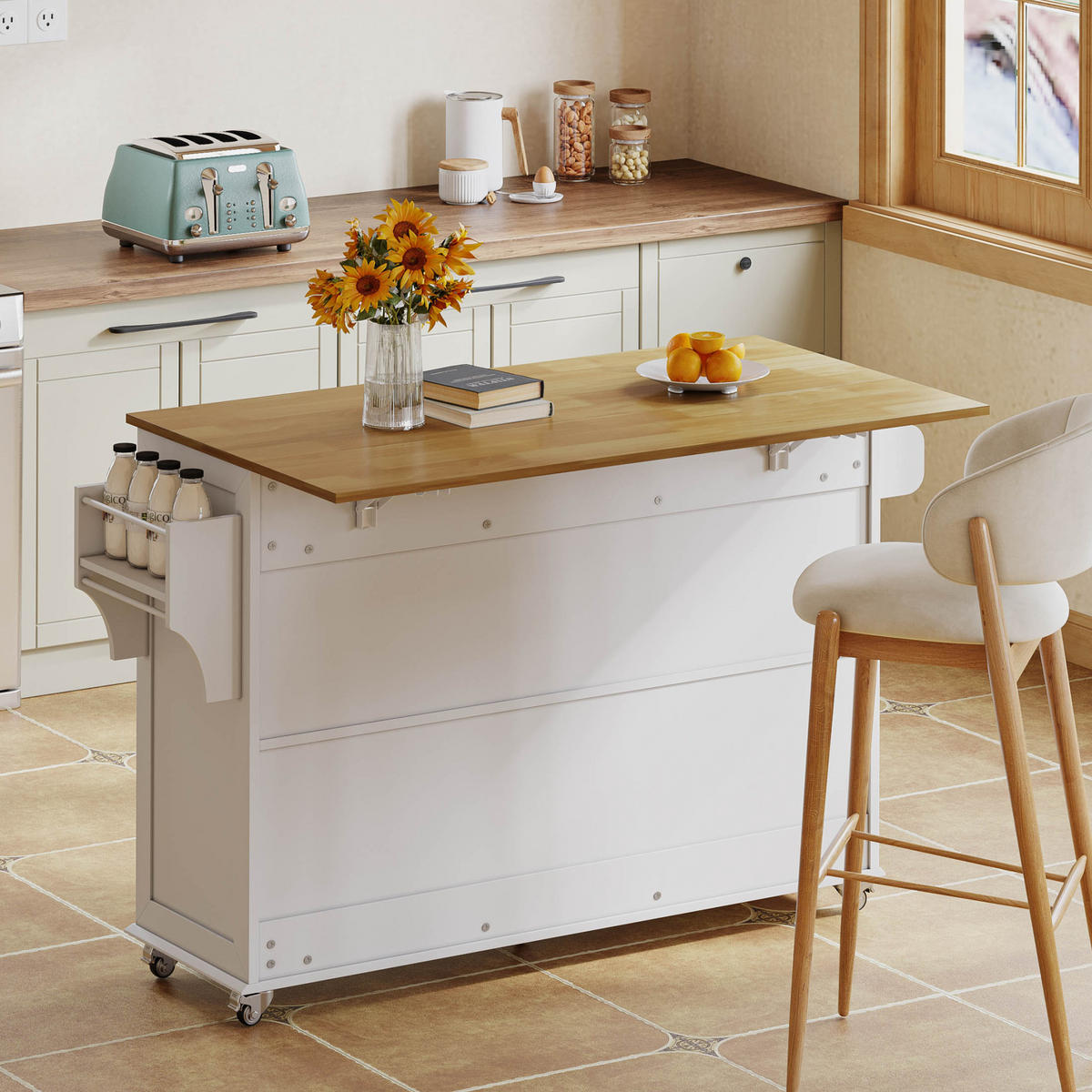 KÜCHENINSEL 140/43/90,5 cm Weiß/Natur aus MDF klappbar - Weiß, Holzwerkstoff (140/93/70cm) - OKWISH