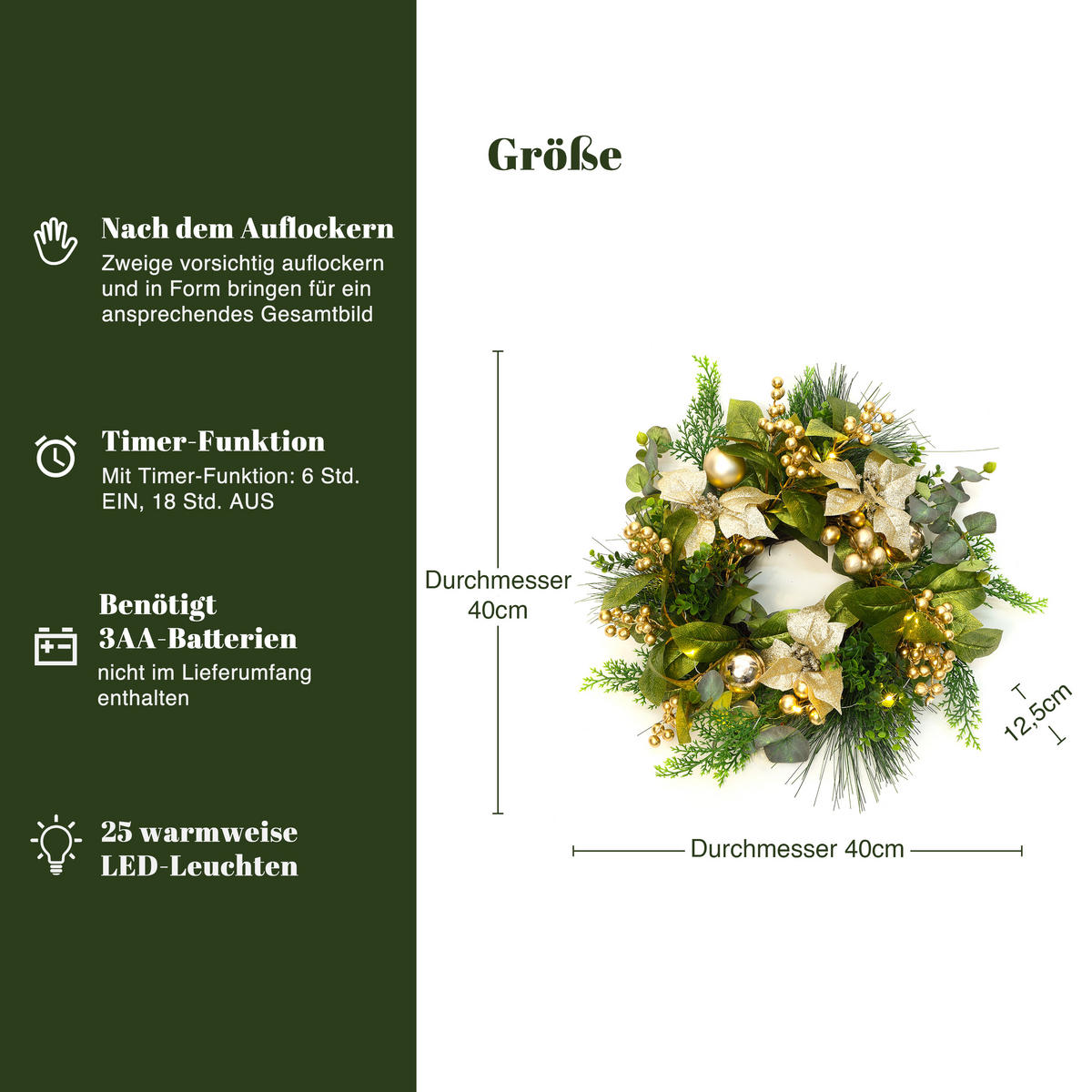 40 cm Weihnachtskranz mit LED&Timer, Goldblüten & Eukalyptus - Grün, Kunststoff (50cm) - Hometopia