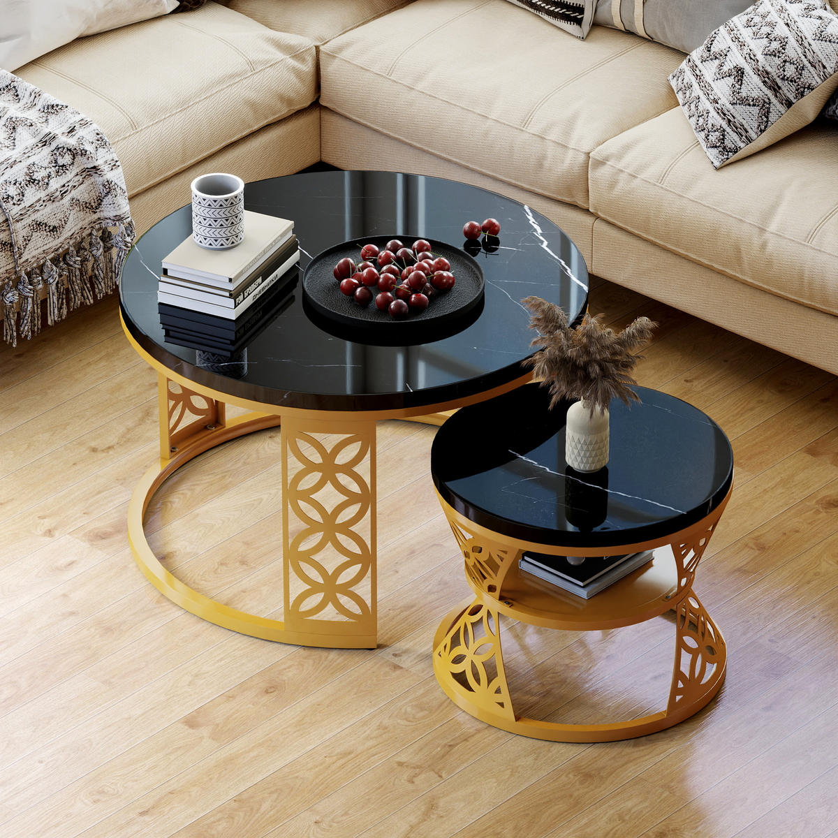 COUCHTISCH-SET mit Marmoreffekt und Metallrahmen Basis, Stapelbarer Beistelltisch Set 70/70/45 cm + 45/45/37 cm, Schwarz und Gold - Schwarz, Holzwerkstoff (70/70/45cm) - Redom
