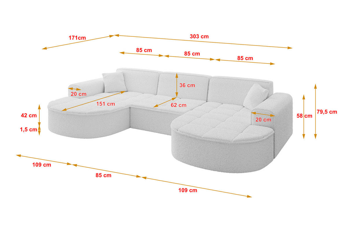 WOHNLANDSCHAFT TARO-U1 - 303x171x79,5 cm Weiß - Weiß, Holzwerkstoff/Textil (303/79.5/171cm) - ALTDECOR