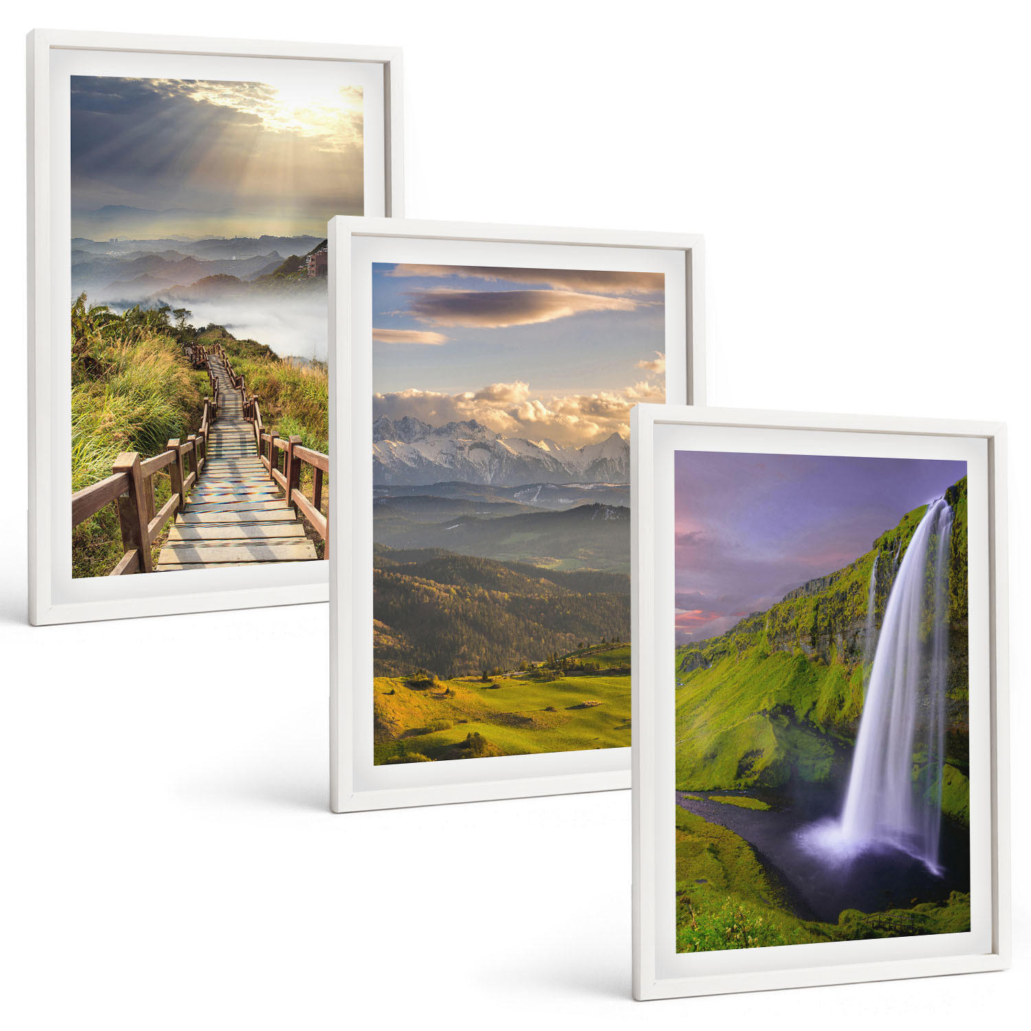 BILDER SET 3er Set - 40x60 cm Weißer Rahmen - Berglandschaften Wasserfall - Weiß, Kunststoff (40/60cm) - TULUP