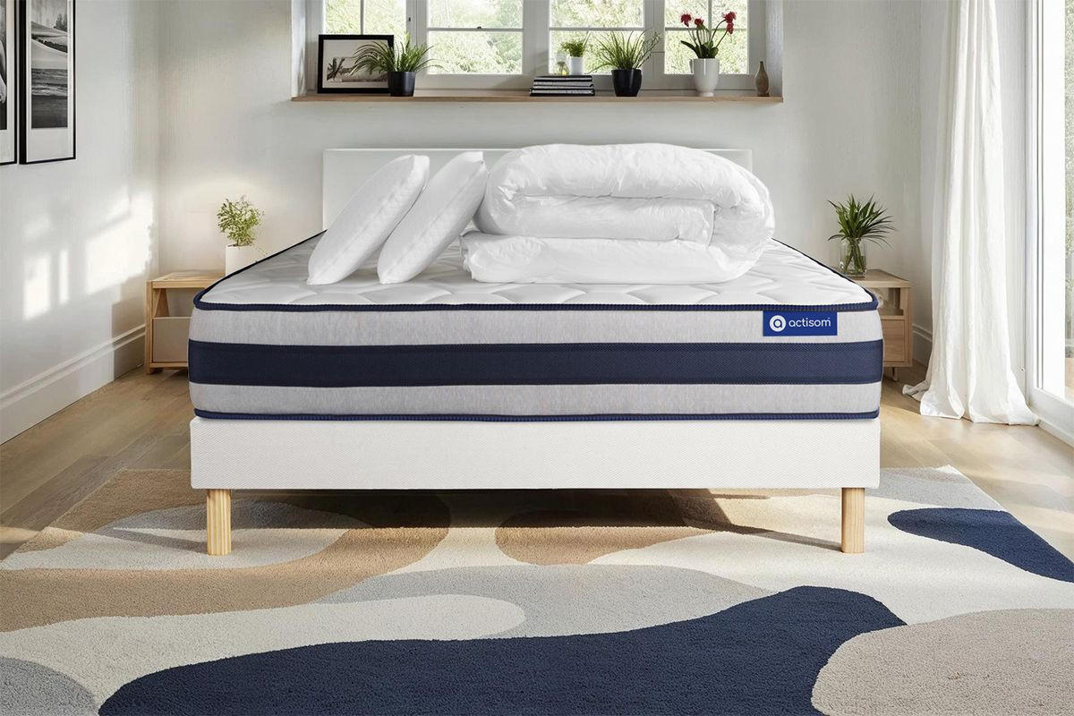 BETT Actiflex ergo Taschenfederkern und Memory-Schaum 200 x 200 cm h4 - Kit Bettgestell Weiß - Mit Kissen und Bettdecke - Beige/Weiß, Karton/Holz (200/200cm) - ACTISOM