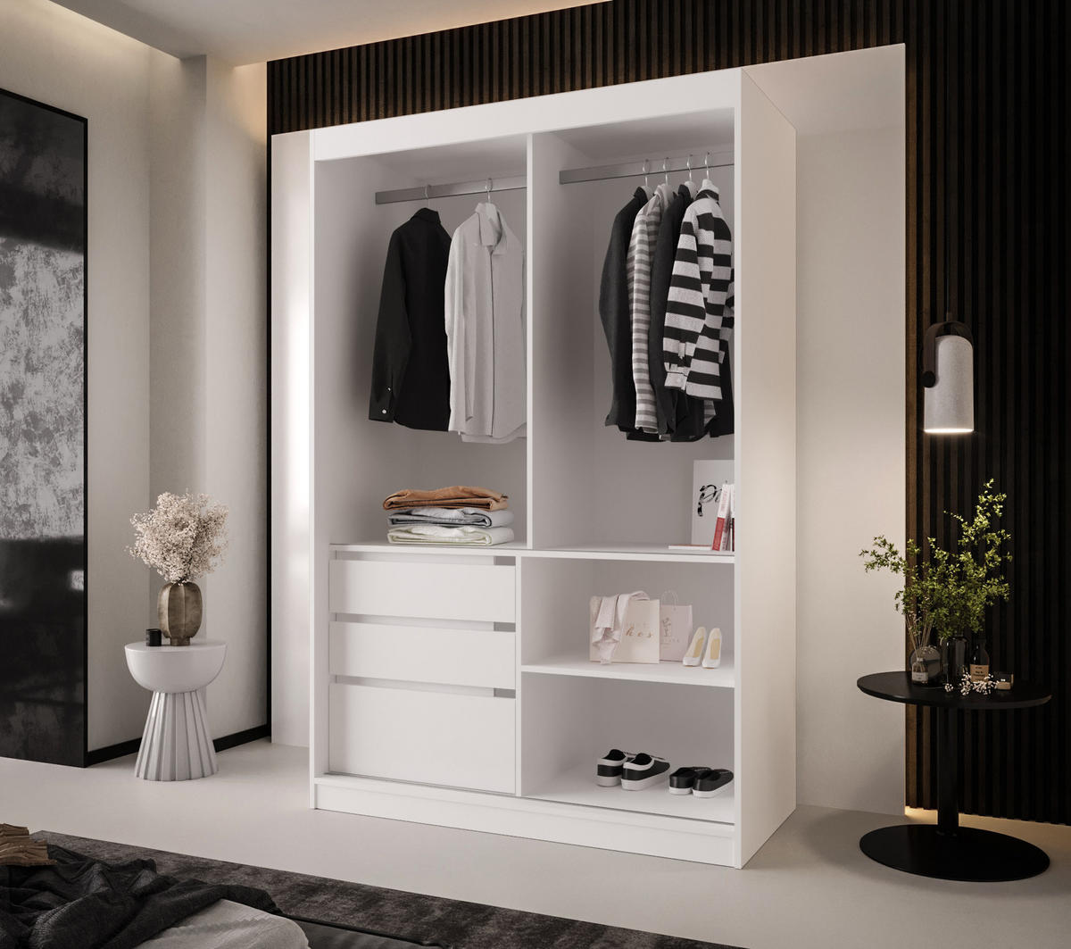 SCHIEBETÜRENSCHRANK PARMA 140, 2-türig Kleiderschrank mit 1 Spiegel, Moderne Garderobe, Schrank in Größe: 140 x 216 x 65 cm - Weiß, Holzwerkstoff (140/216/65cm) - O-Sofa