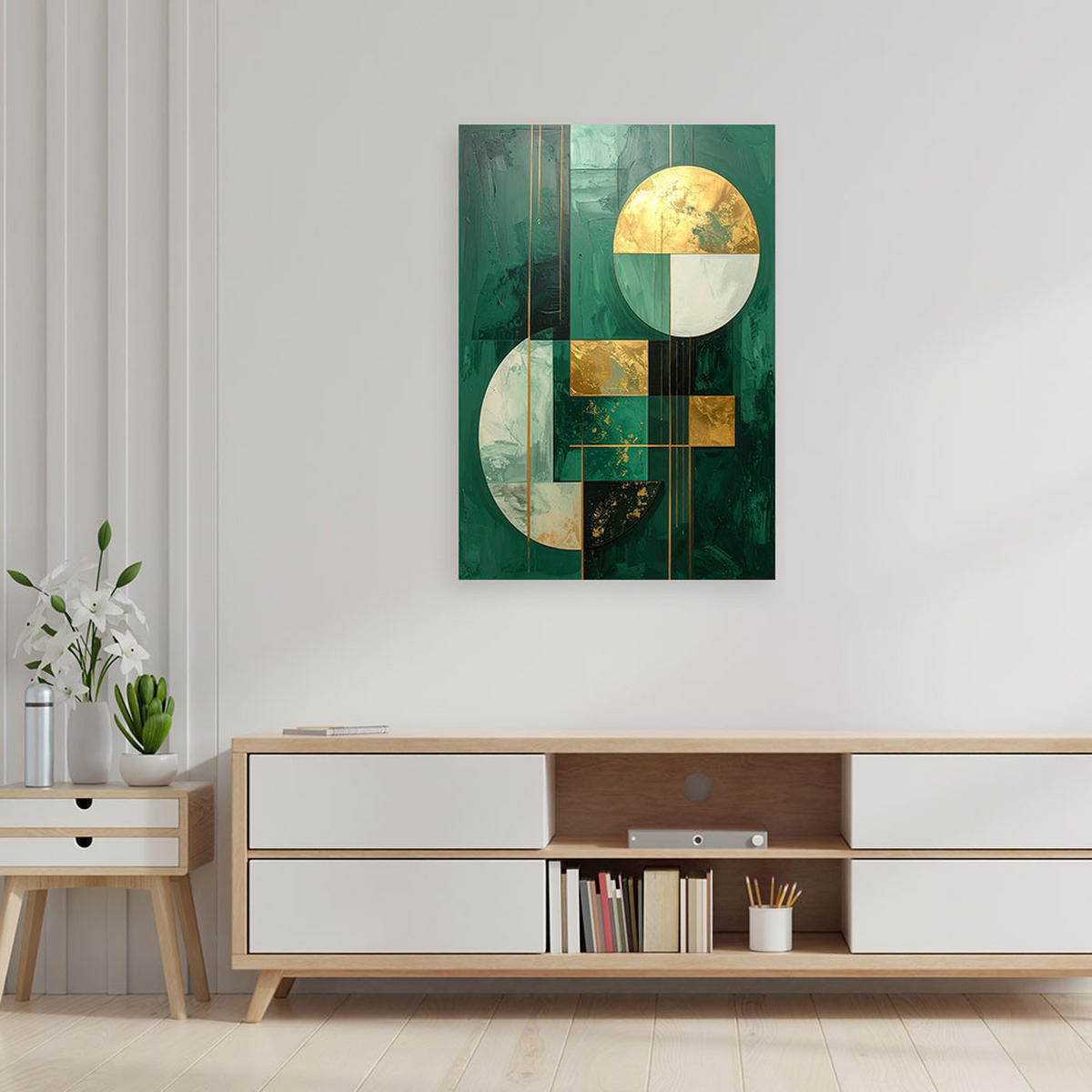 LEINWANDBILDER, Geometrische Abstraktion mit grünen Kreisen und einem goldenen Mond. - Grün, Textil (30/45cm) - Feeby