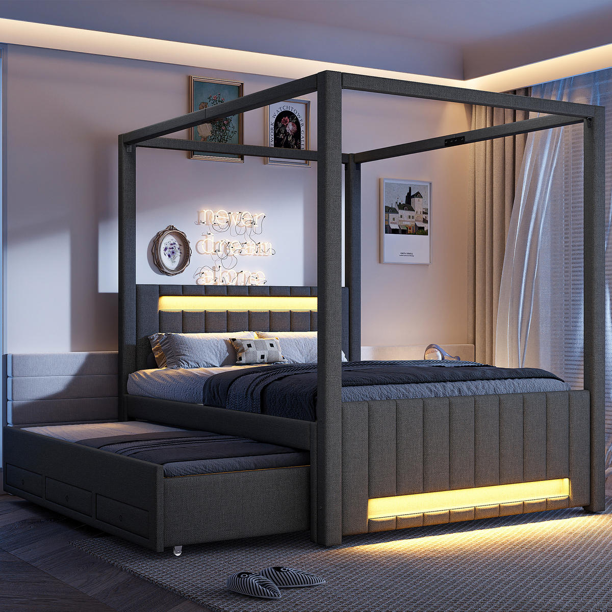 POLSTERBETT 140/200 cm in Grau Leinen mit Ausziehbett, 3 Schubladen und LED - Grau, Holzwerkstoff/Textil (140/200cm) - WISHDOR
