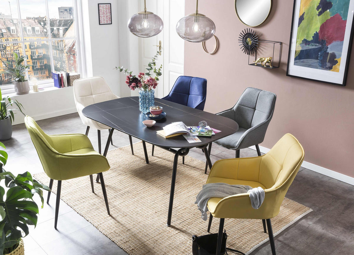 ARMLEHNSTUHL Norah mit blauem Leinen und gestepptem Rücken - Blau, Metall (55/86/46cm) - TPFLiving