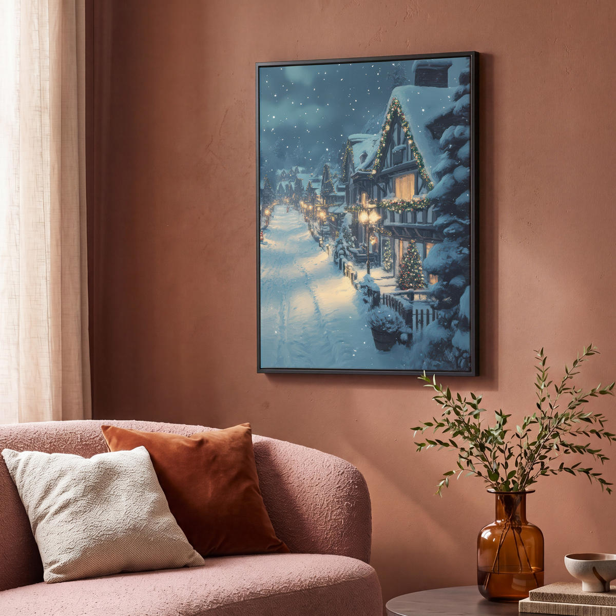 LEINWAND Bilder mit Rahmen - Weihnachtsdorf - Weihnachten - Schnee - Winter - 70x100 - Dunkelblau, Textil (70/100cm) - MuchoWow
